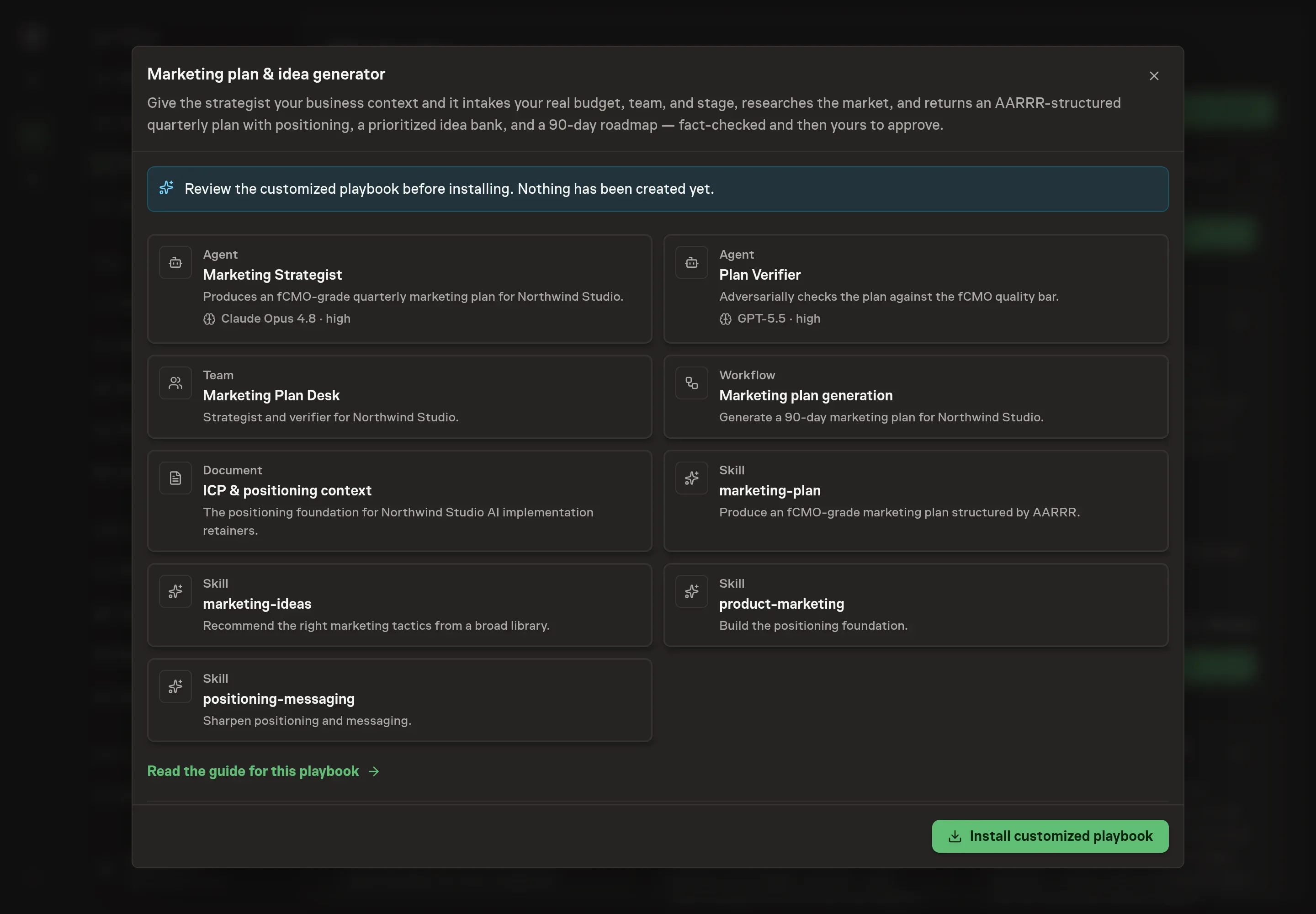 The review step showing the customized Marketing plan records, including the strategist, verifier, workflow, ICP document, and skills before installation