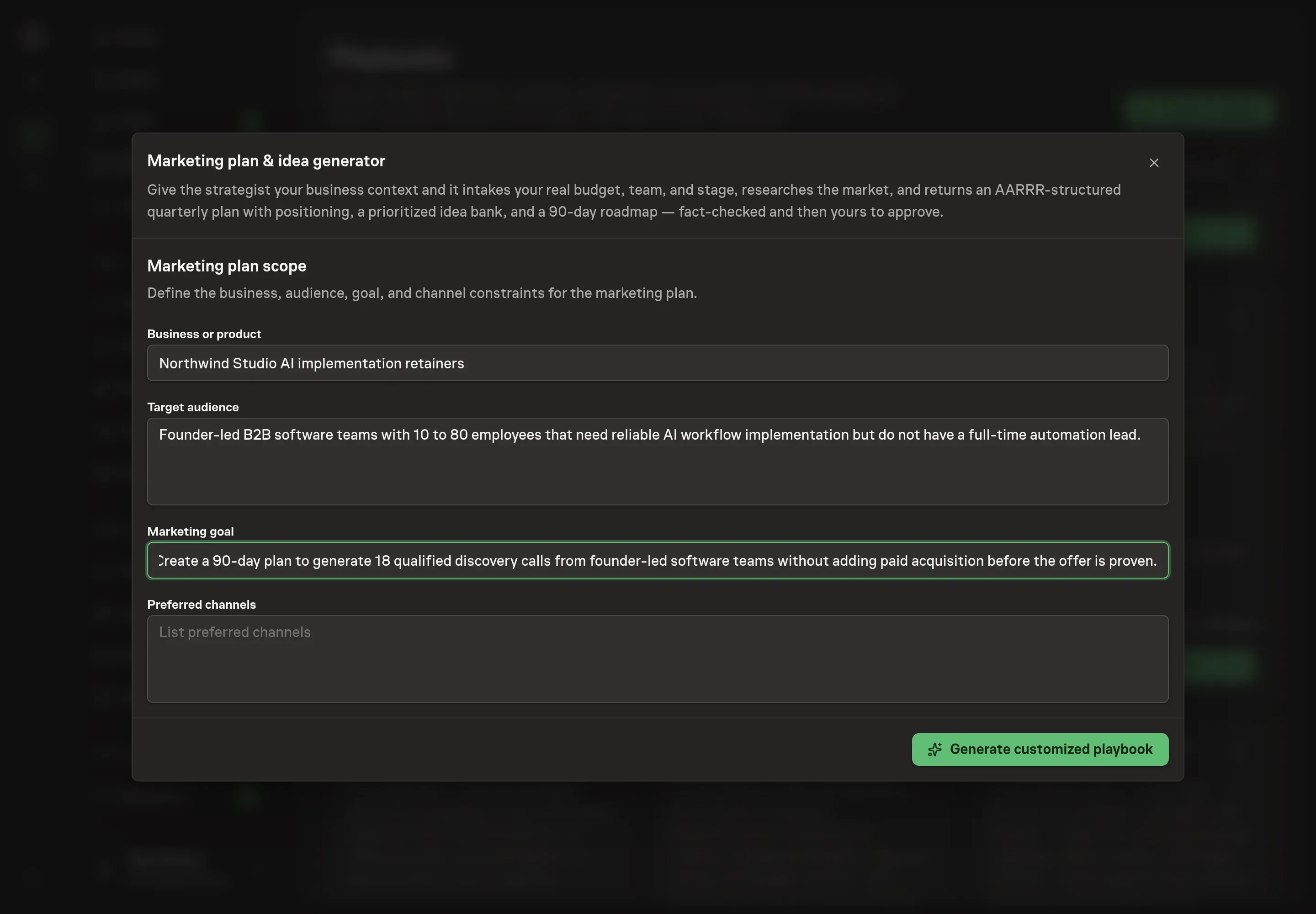 The setup form filled with Northwind Studio's consulting product, target audience, qualified-pipeline goal, and preferred founder-led channels