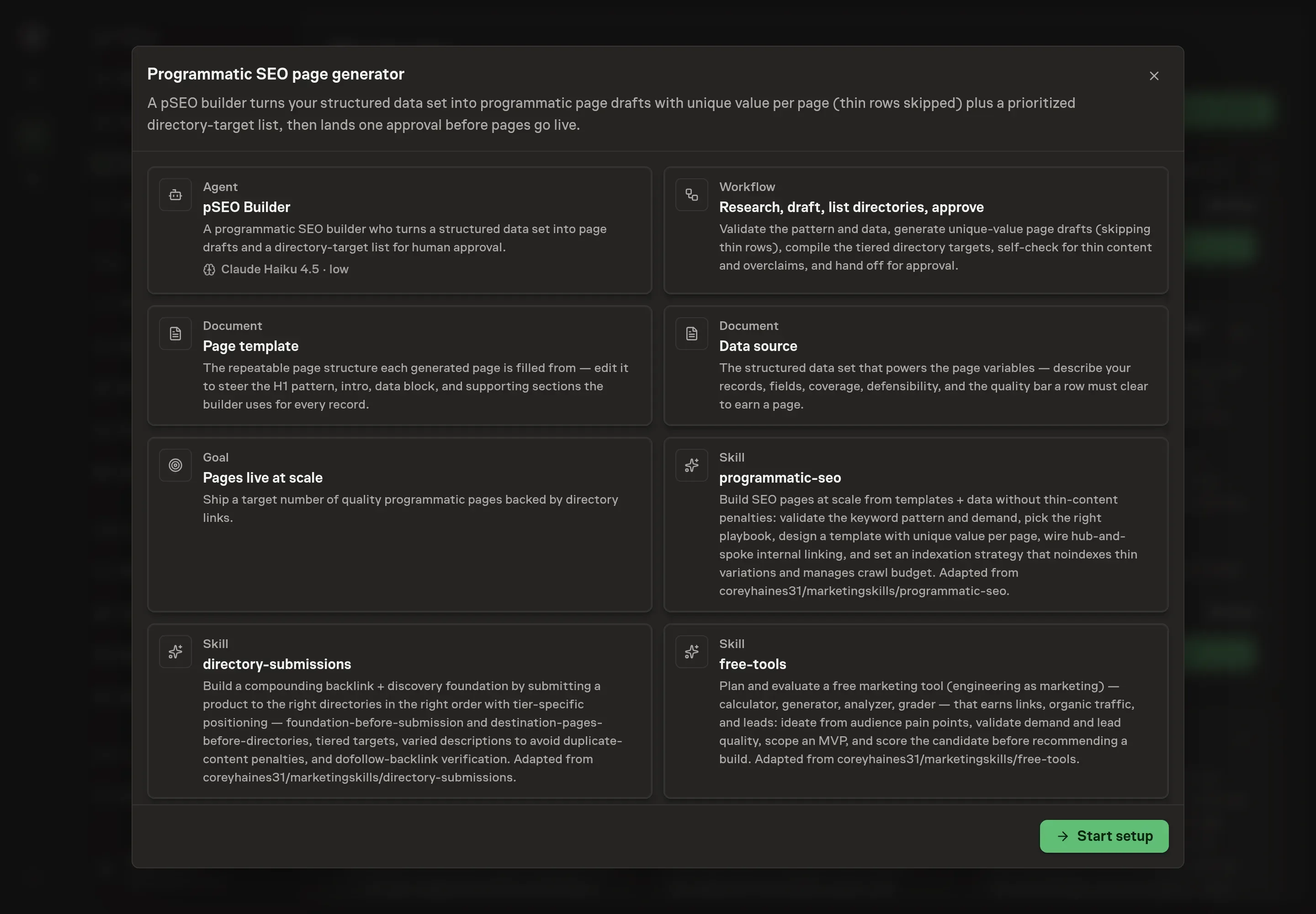 The Programmatic SEO page generator preview listing the builder, workflow, documents, skills, and goal, with a Start setup button