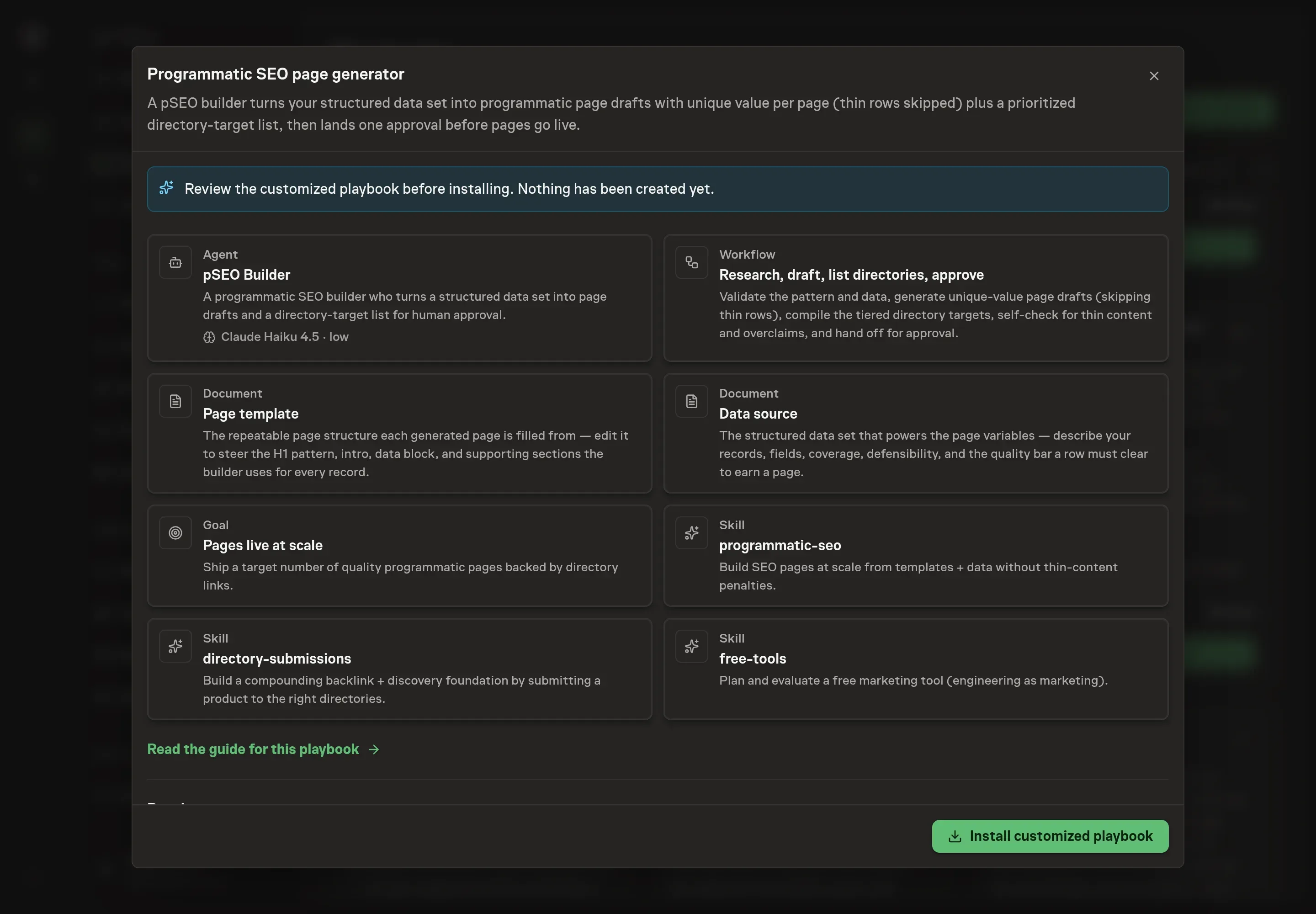 The review step showing the customized pSEO Builder, page template, data source, pages-live goal, and approval workflow