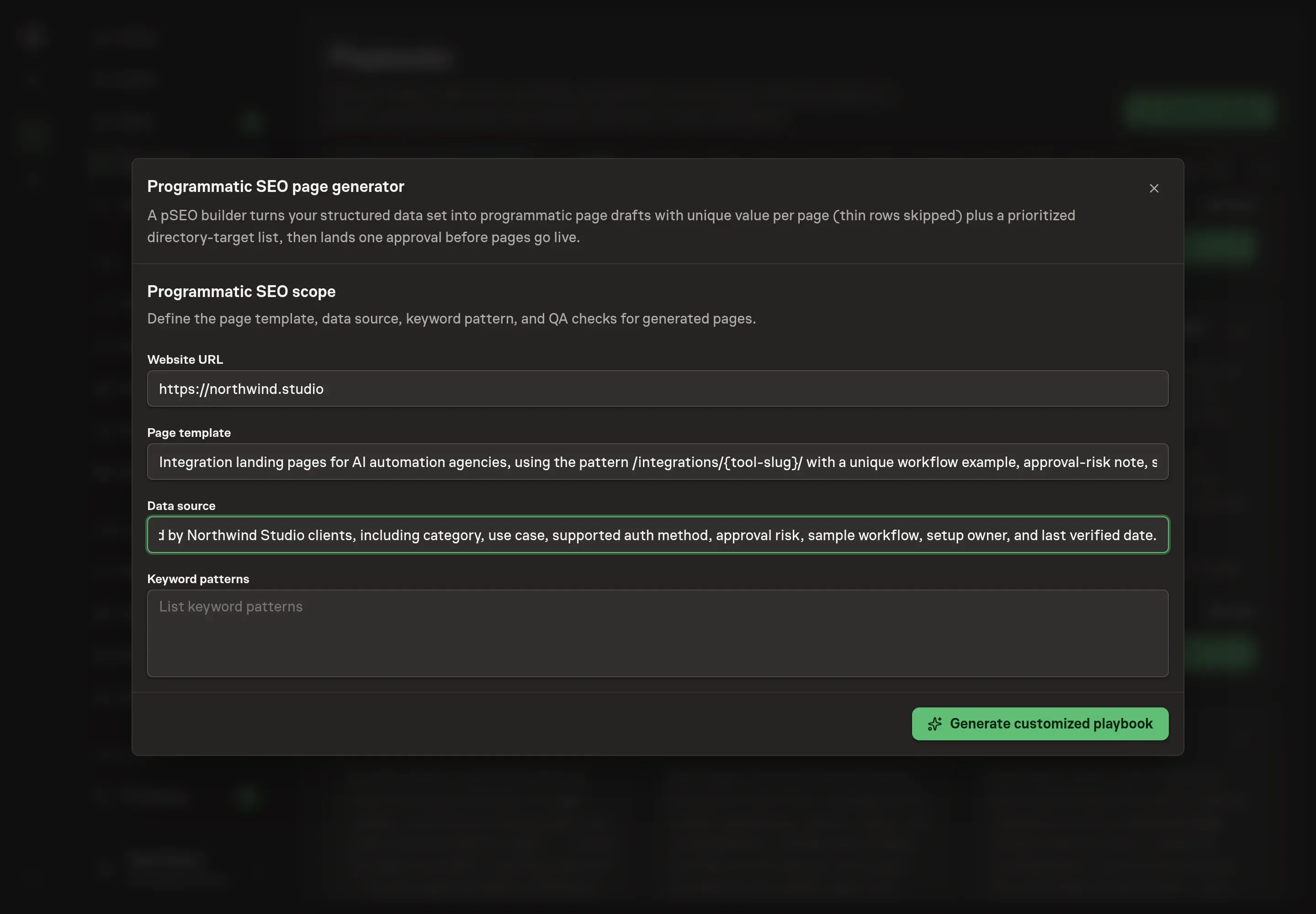 The setup form filled with Northwind Studio pSEO inputs: website URL, integration page template, product data source, and keyword patterns