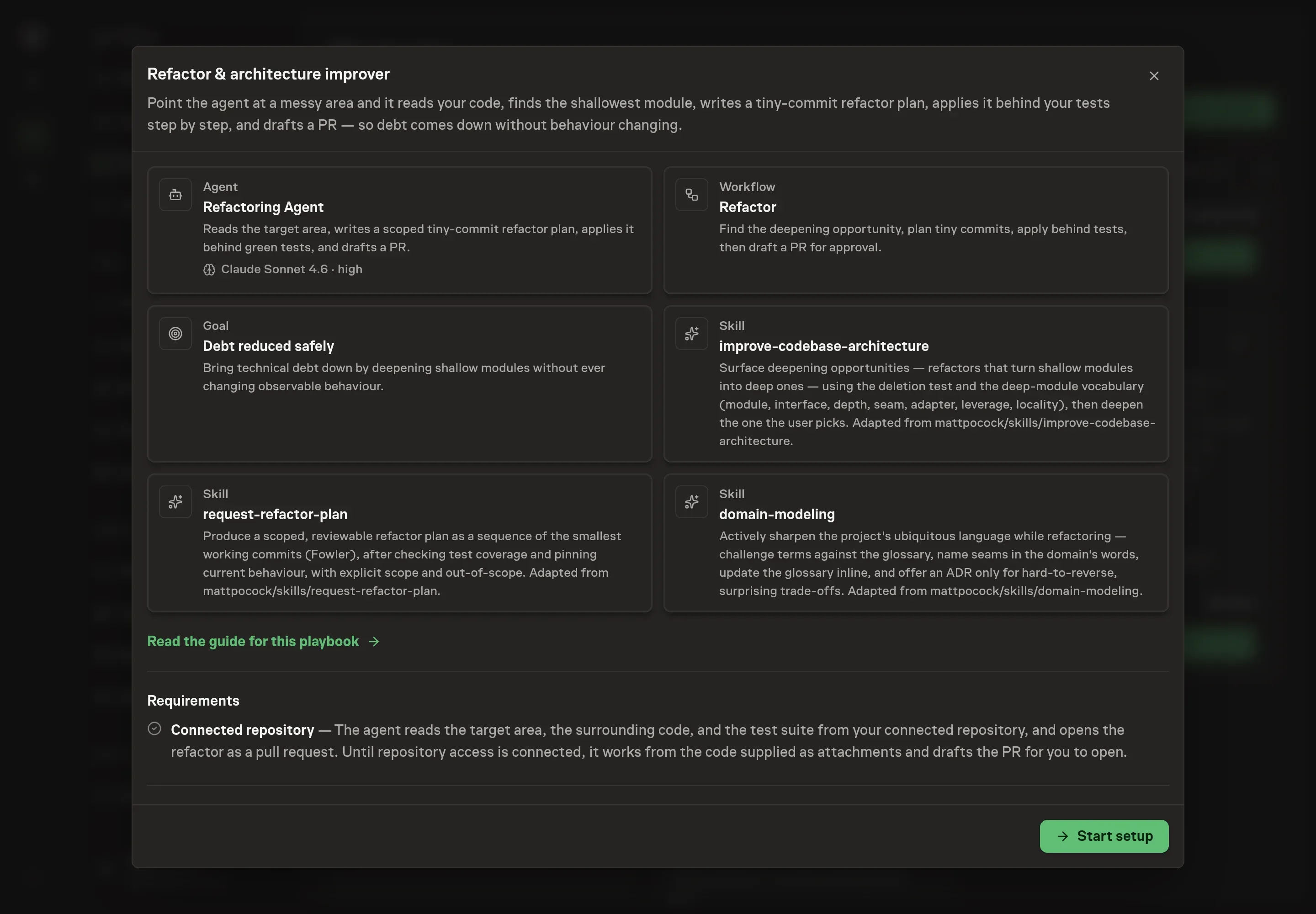 The Refactor & architecture improver preview listing the agent, workflow, goal, skills, requirements, and Start setup button