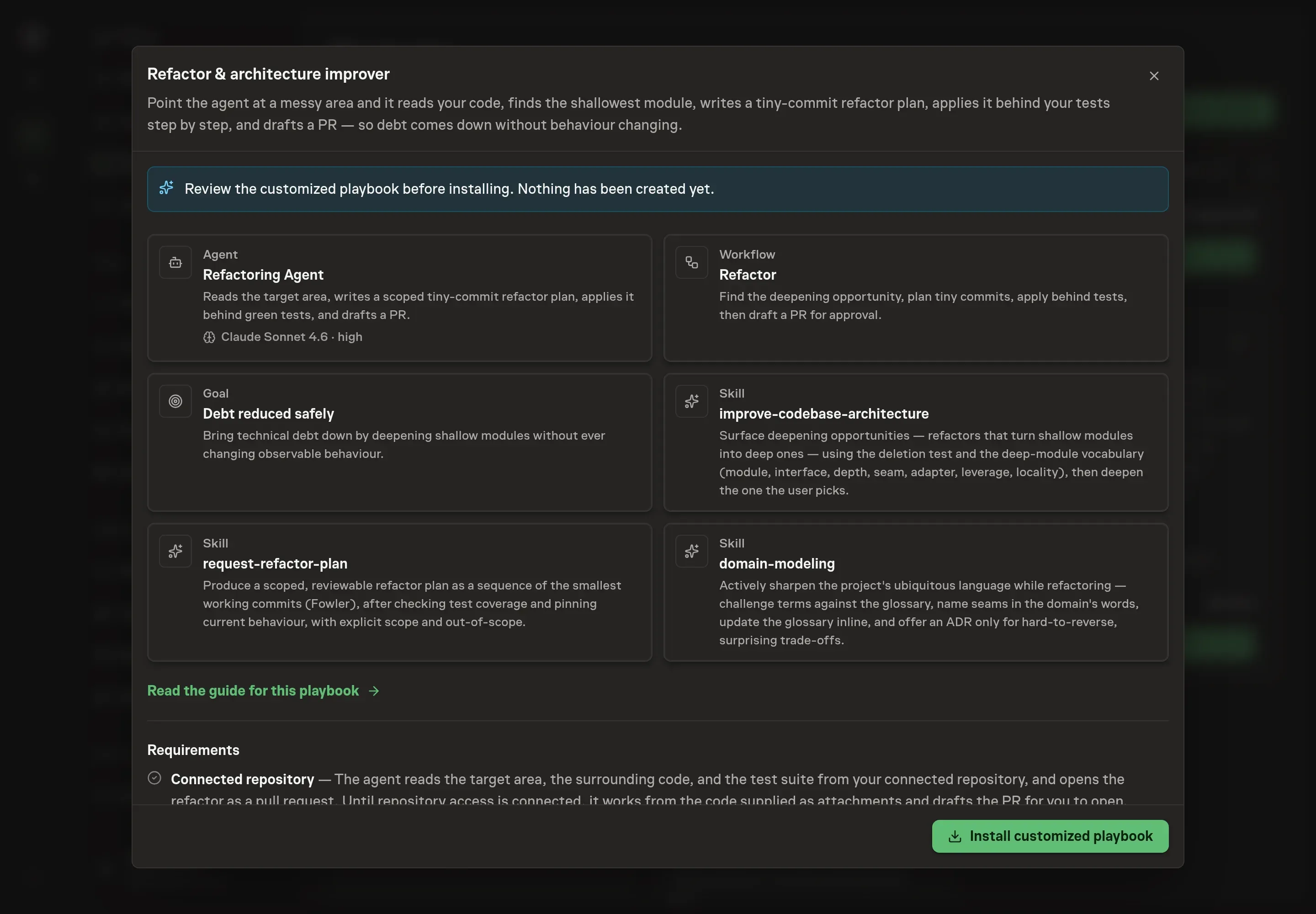 The review step showing the customized refactoring agent, workflow stages, debt-reduction goal, and architecture skills before creation