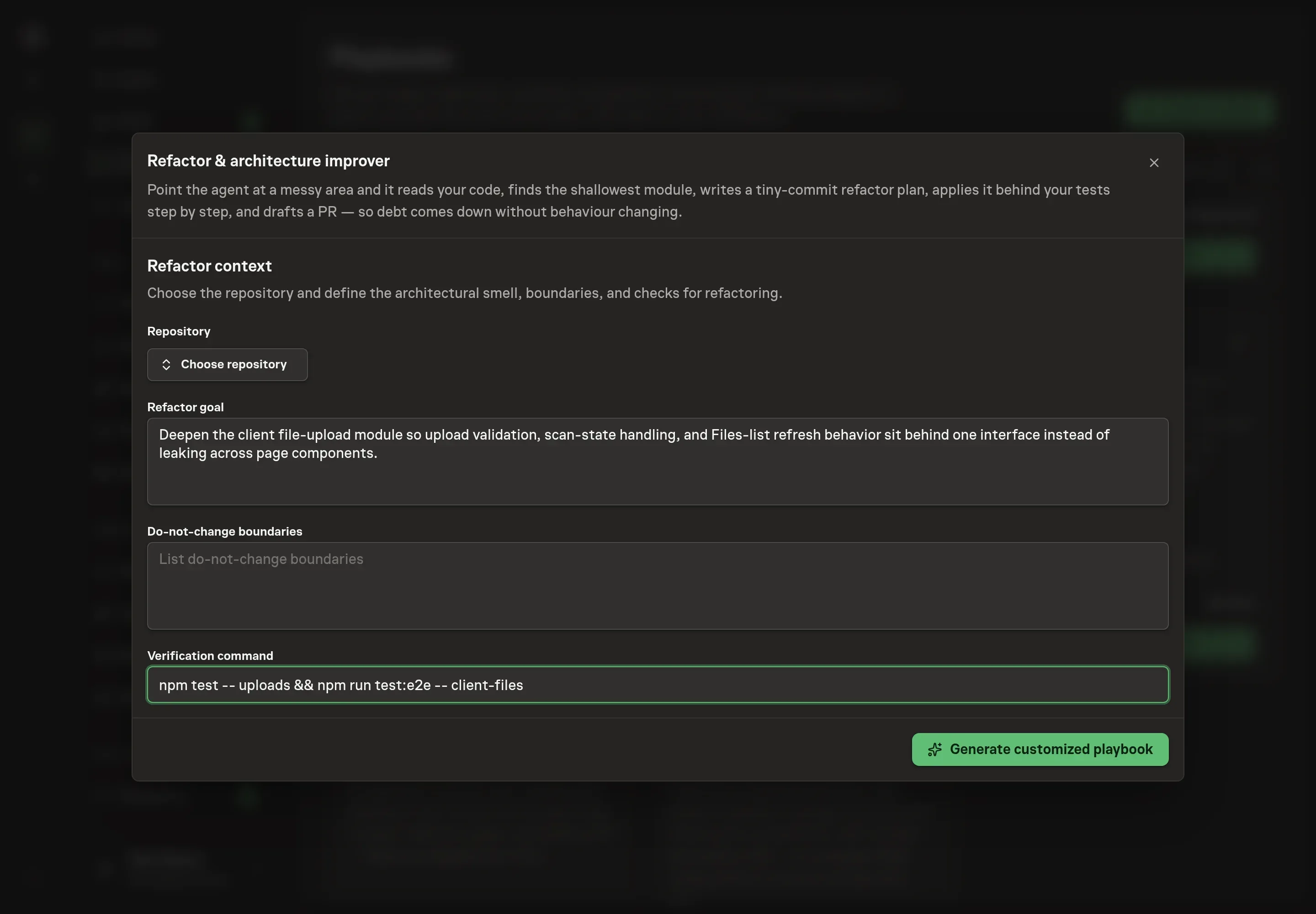 The setup form filled in with a client-portal repository, refactor goal, behavior-preservation boundaries, and a focused npm test command