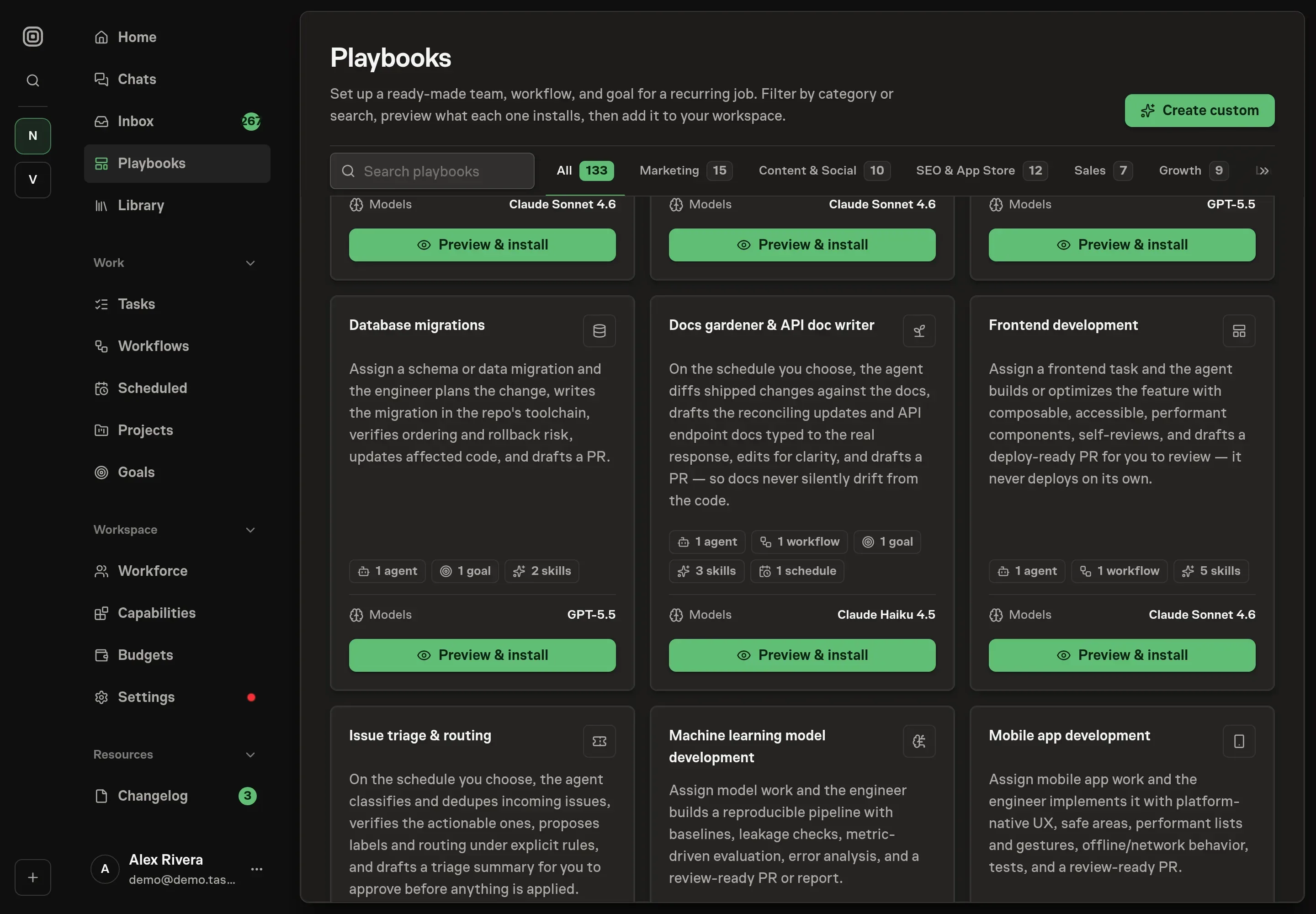 The playbook gallery with the Docs gardener & API doc writer card in the Engineering category, listing the docs agent, workflow, goal, skills, and schedule