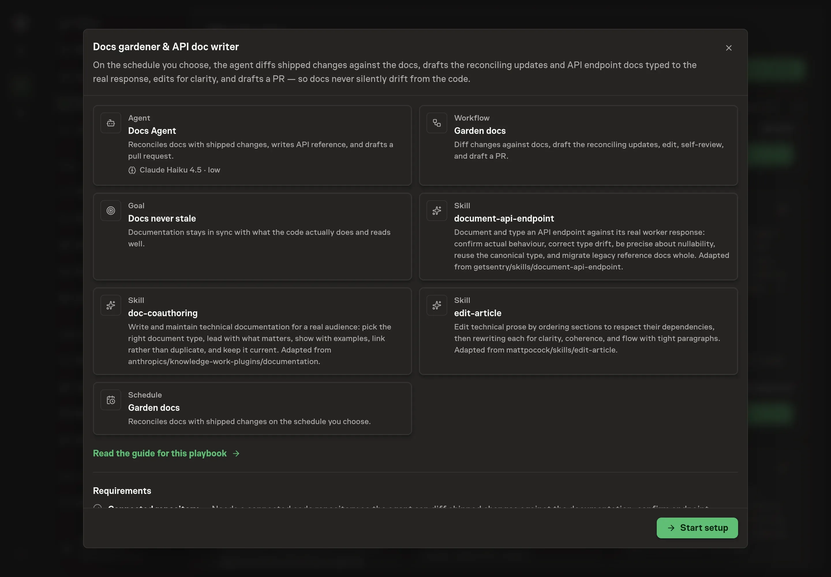The Docs gardener preview showing the agent, Garden docs workflow, freshness goal, schedule, and documentation skills, with a Start setup button