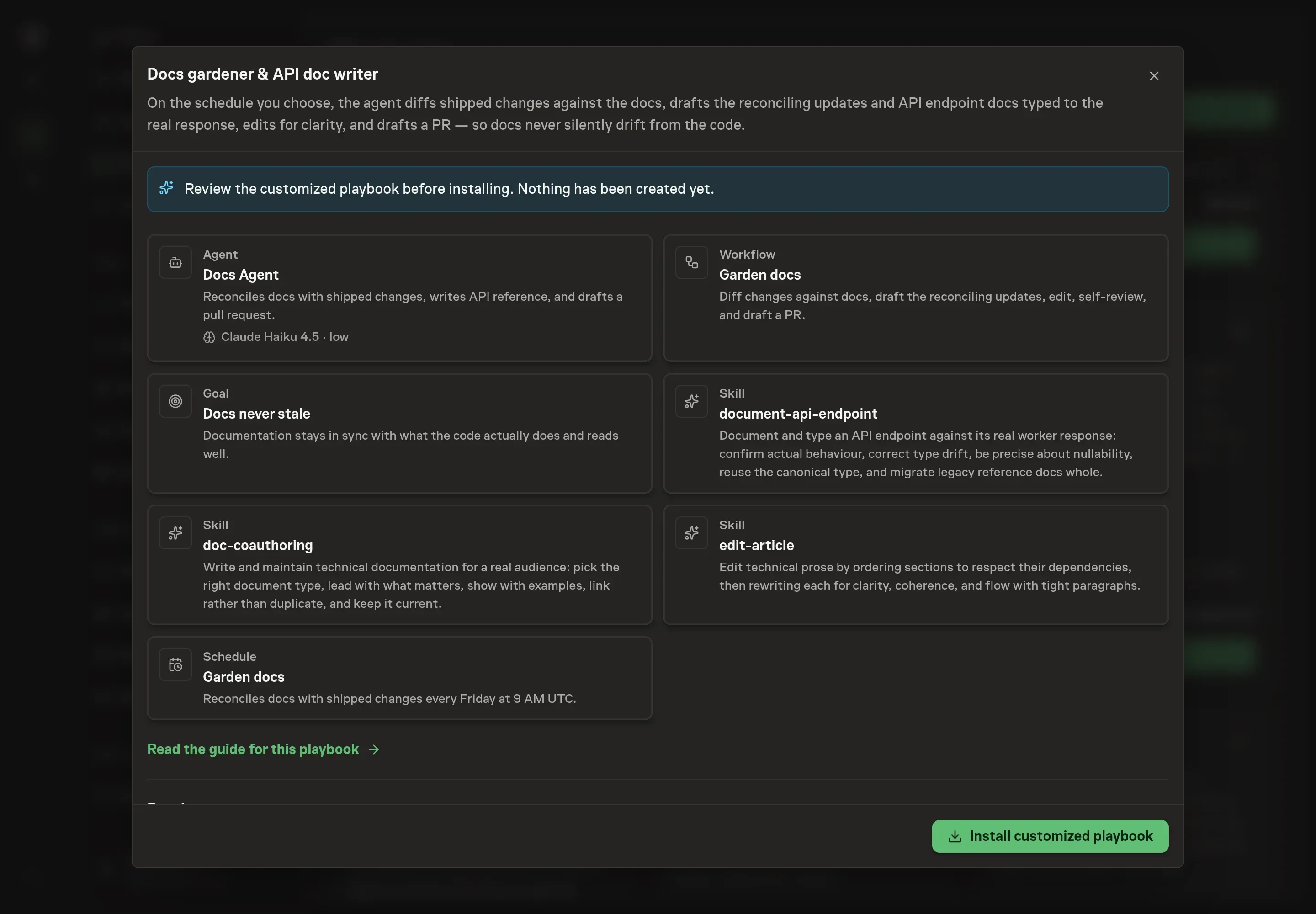 The review step showing the customized Docs gardener agent, workflow, goal, skills, and schedule before installation