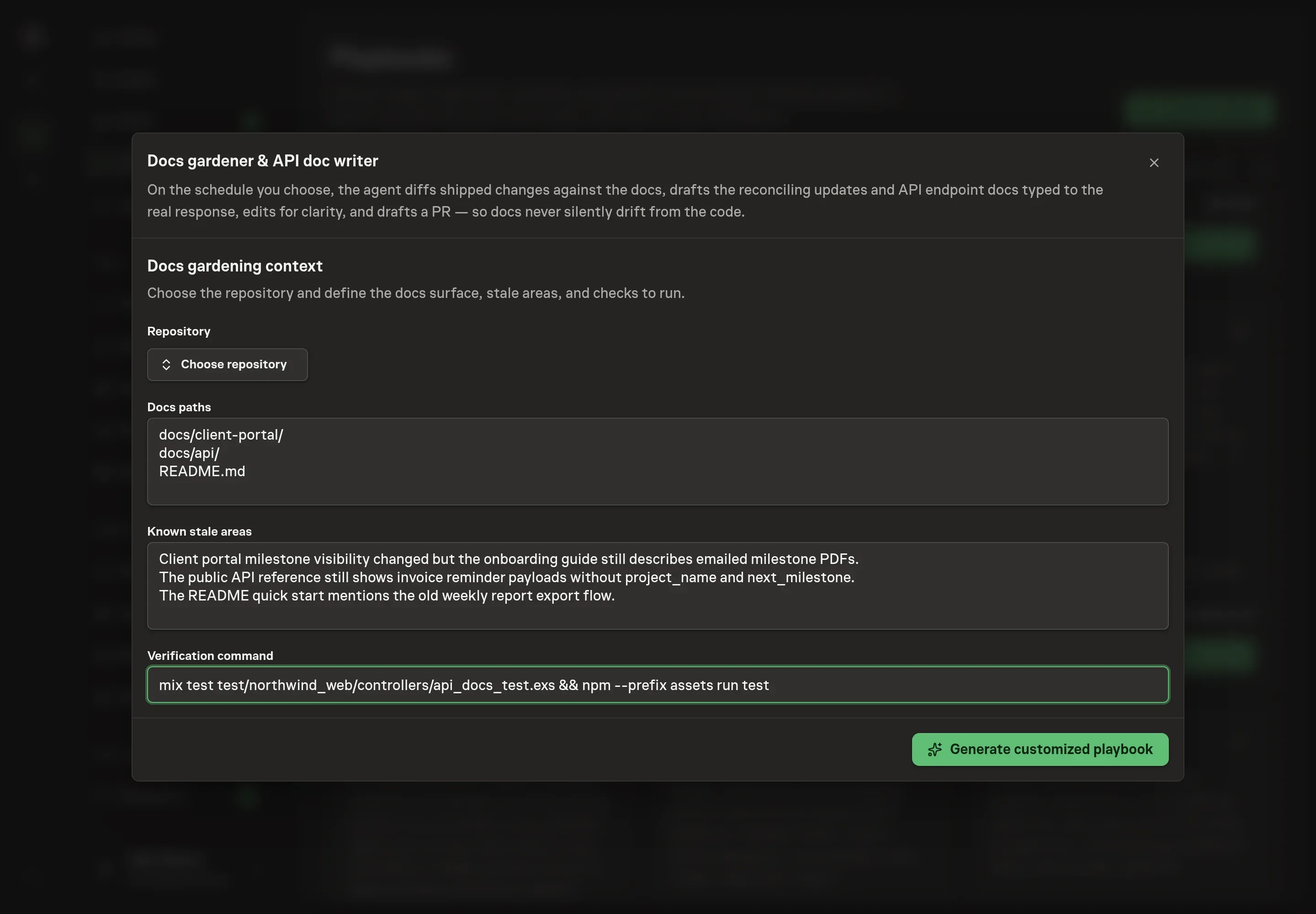 The setup form filled with Northwind Studio docs paths, stale areas, and a verification command for the docs run