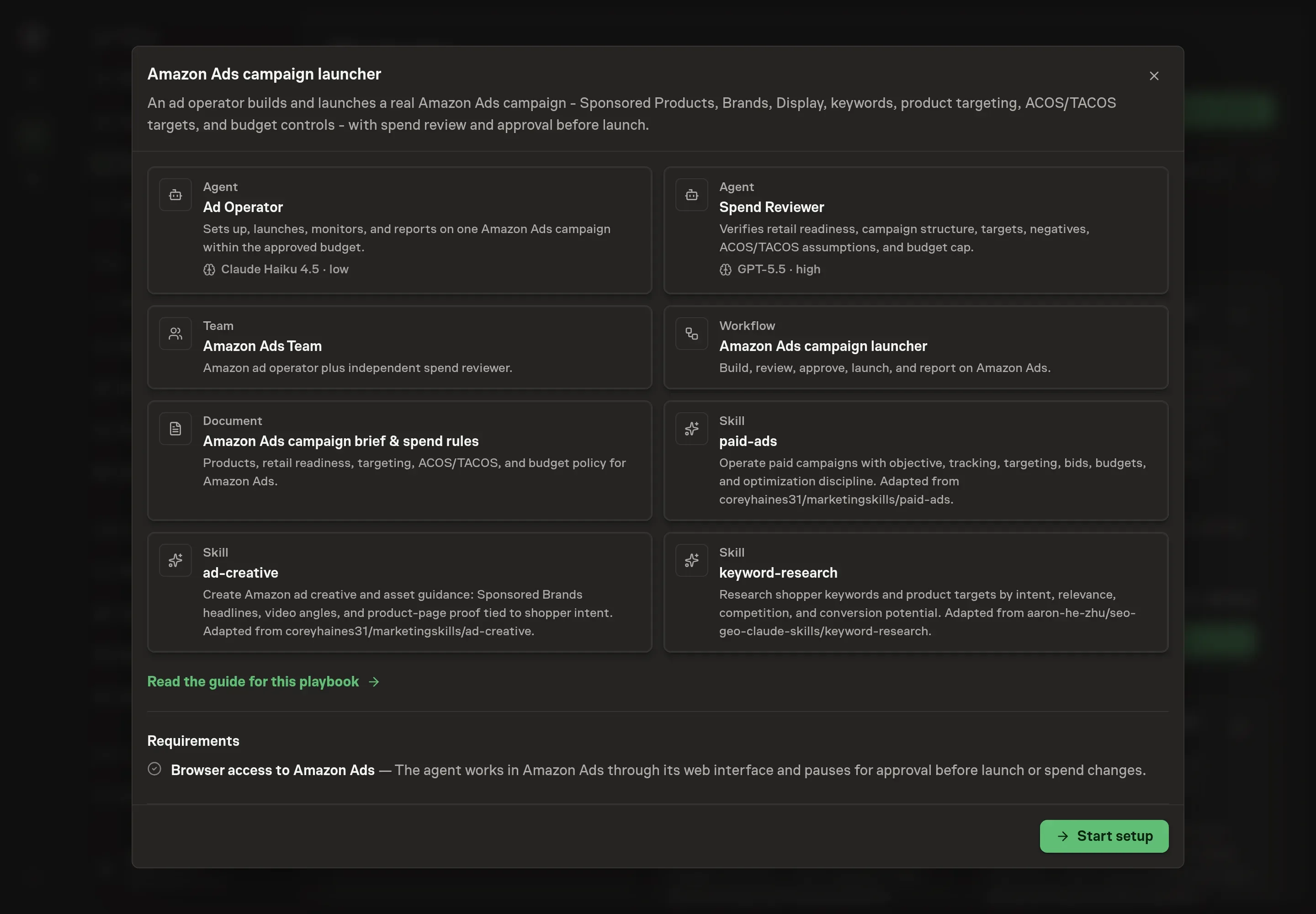 The Amazon Ads campaign launcher preview listing both agents, the team, the workflow, the campaign brief document, and the three skills, with the browser-access requirement and a Start setup button