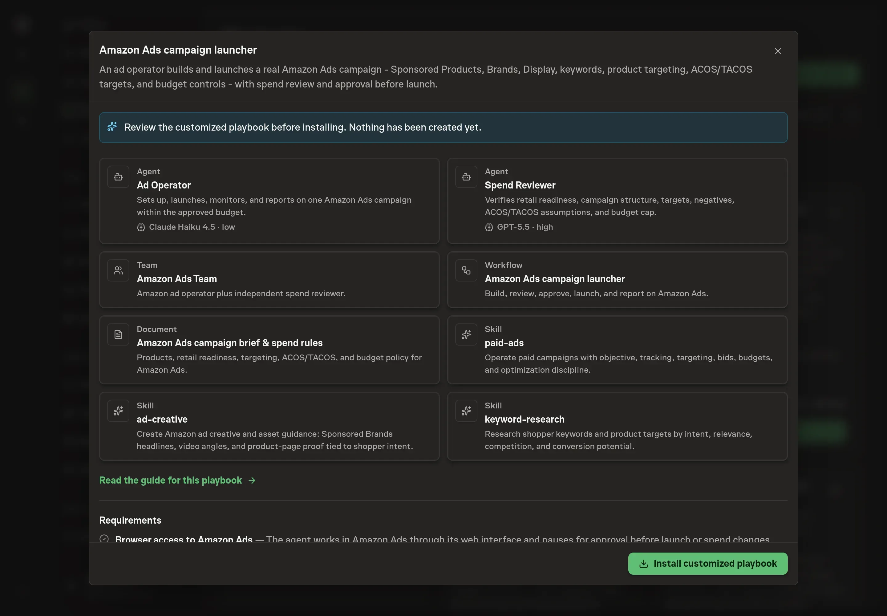 The review step showing the customized agents, team, workflow, campaign brief, and skills, with a banner confirming nothing has been created yet
