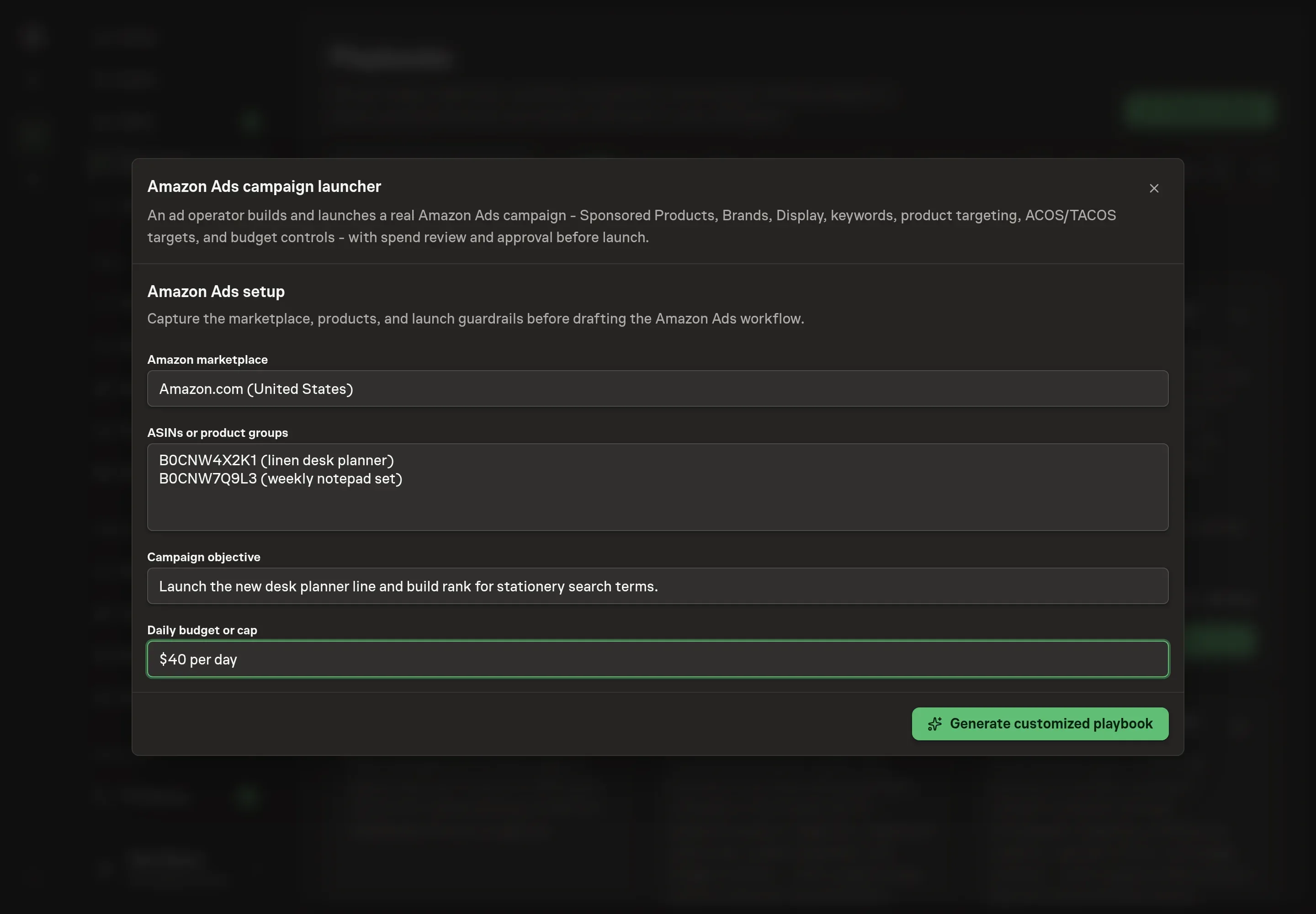 The setup form filled in with an Amazon marketplace, two ASINs, a launch objective, and a daily budget cap