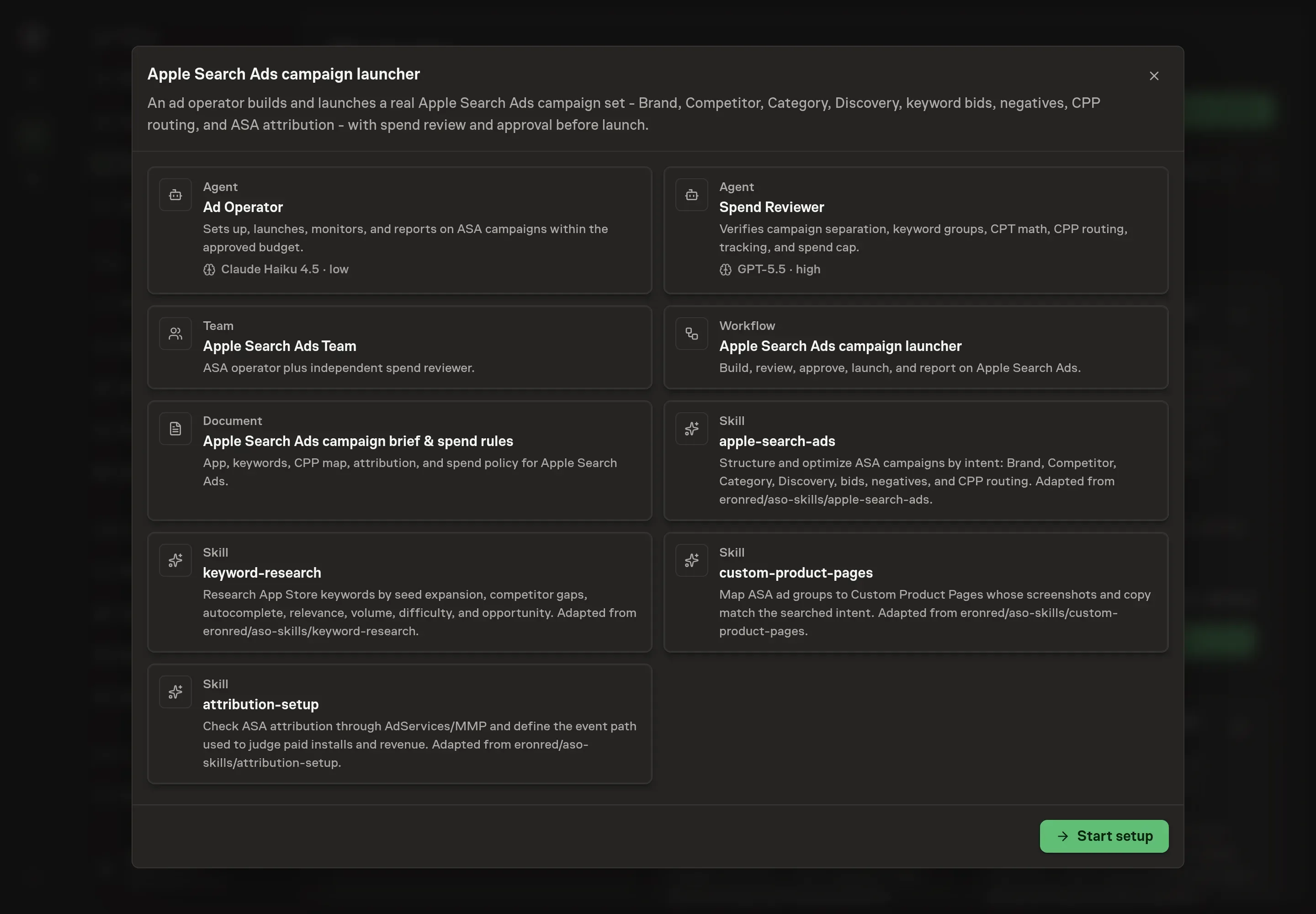 The Apple Search Ads campaign launcher preview listing the Ad Operator and Spend Reviewer agents, the team, all four skills, the campaign brief document, and the workflow, with a Start setup button