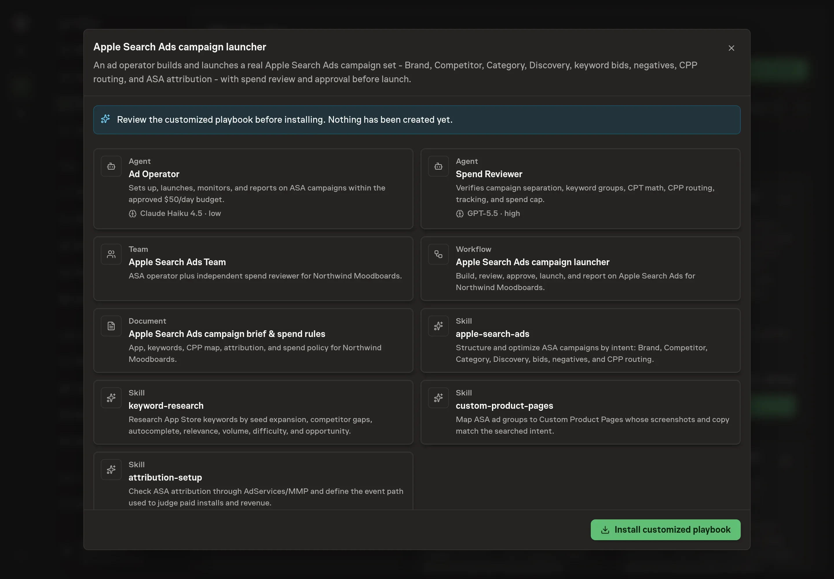 The review step showing the customized Ad Operator and Spend Reviewer, the team, skills, campaign brief, and workflow, with a banner confirming nothing has been created yet
