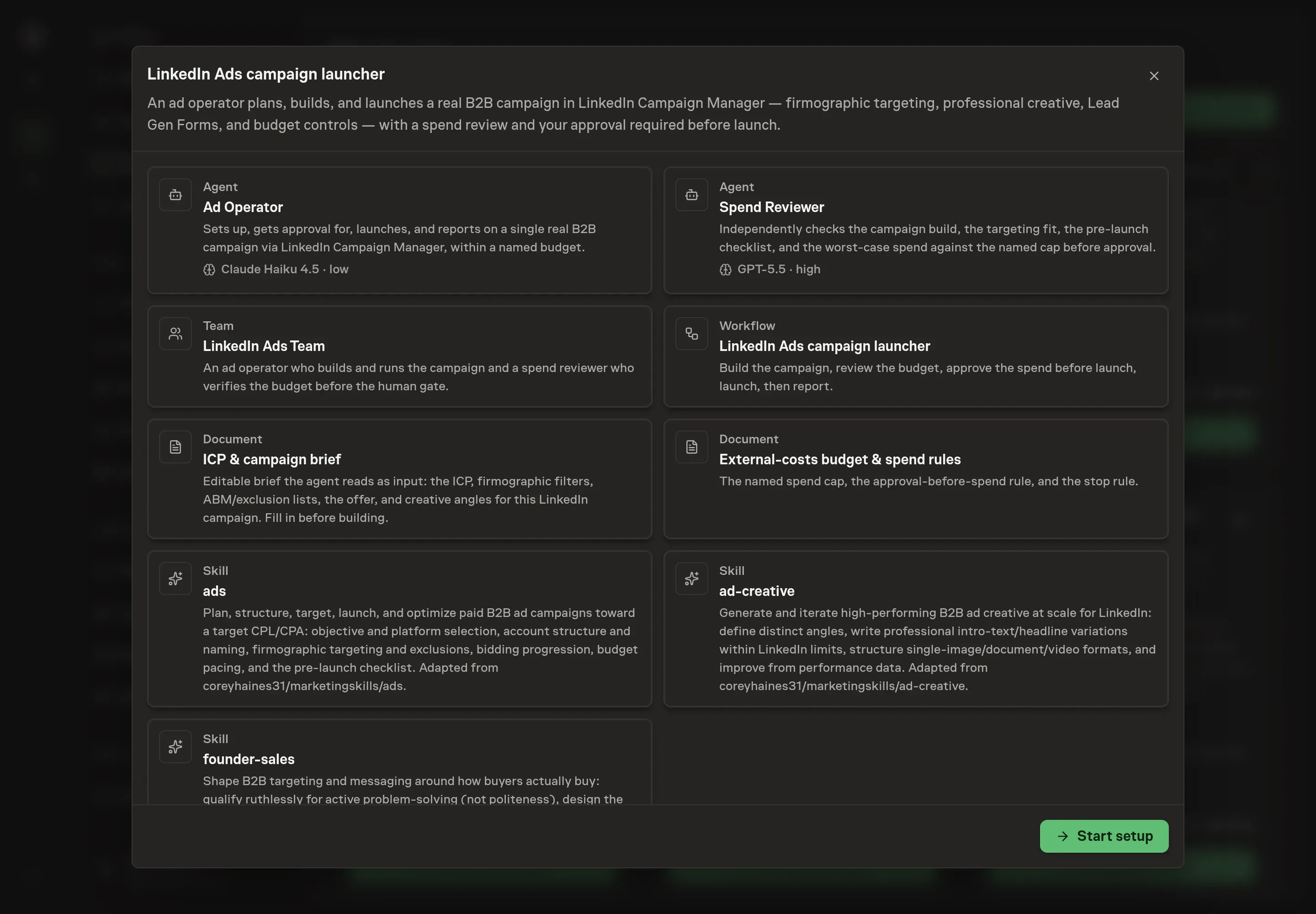 The LinkedIn Ads campaign launcher preview listing both agents, the campaign team, ICP brief, budget rules document, skills, and approval-gated workflow, with a Start setup button