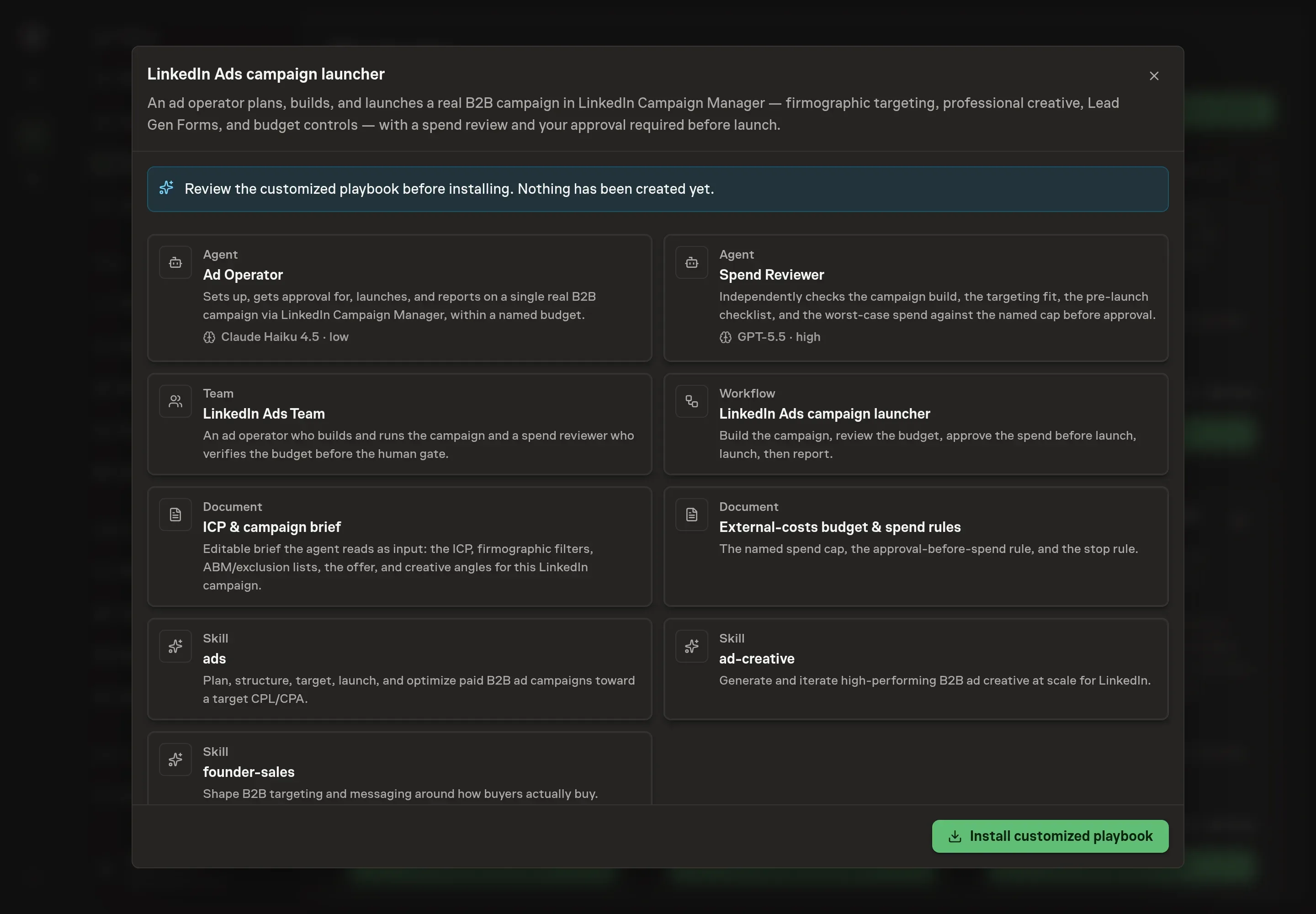 The review step showing the customized LinkedIn Ads team, ICP brief, budget rules document, workflow, and spend approval gate before anything is installed