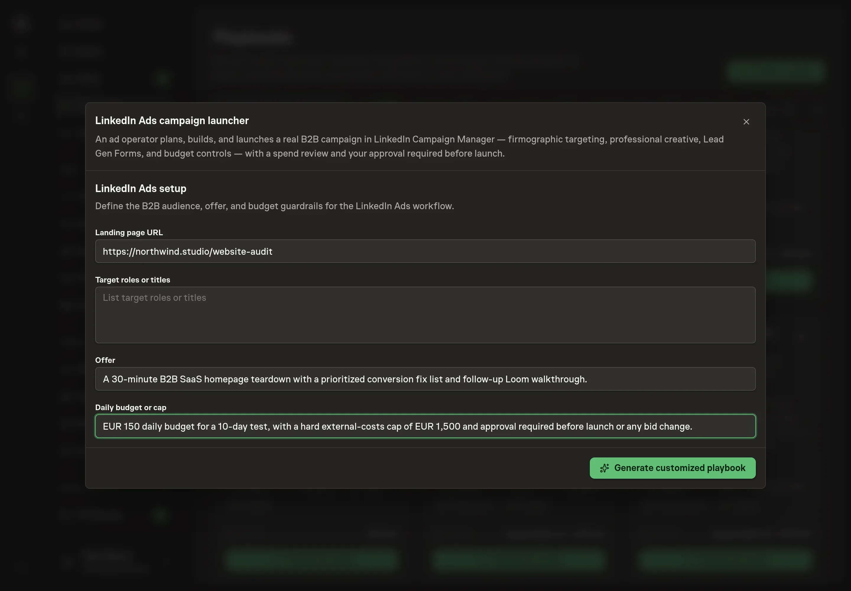 The setup form filled in with a Northwind Studio landing page URL, target B2B roles, offer, and EUR daily budget cap