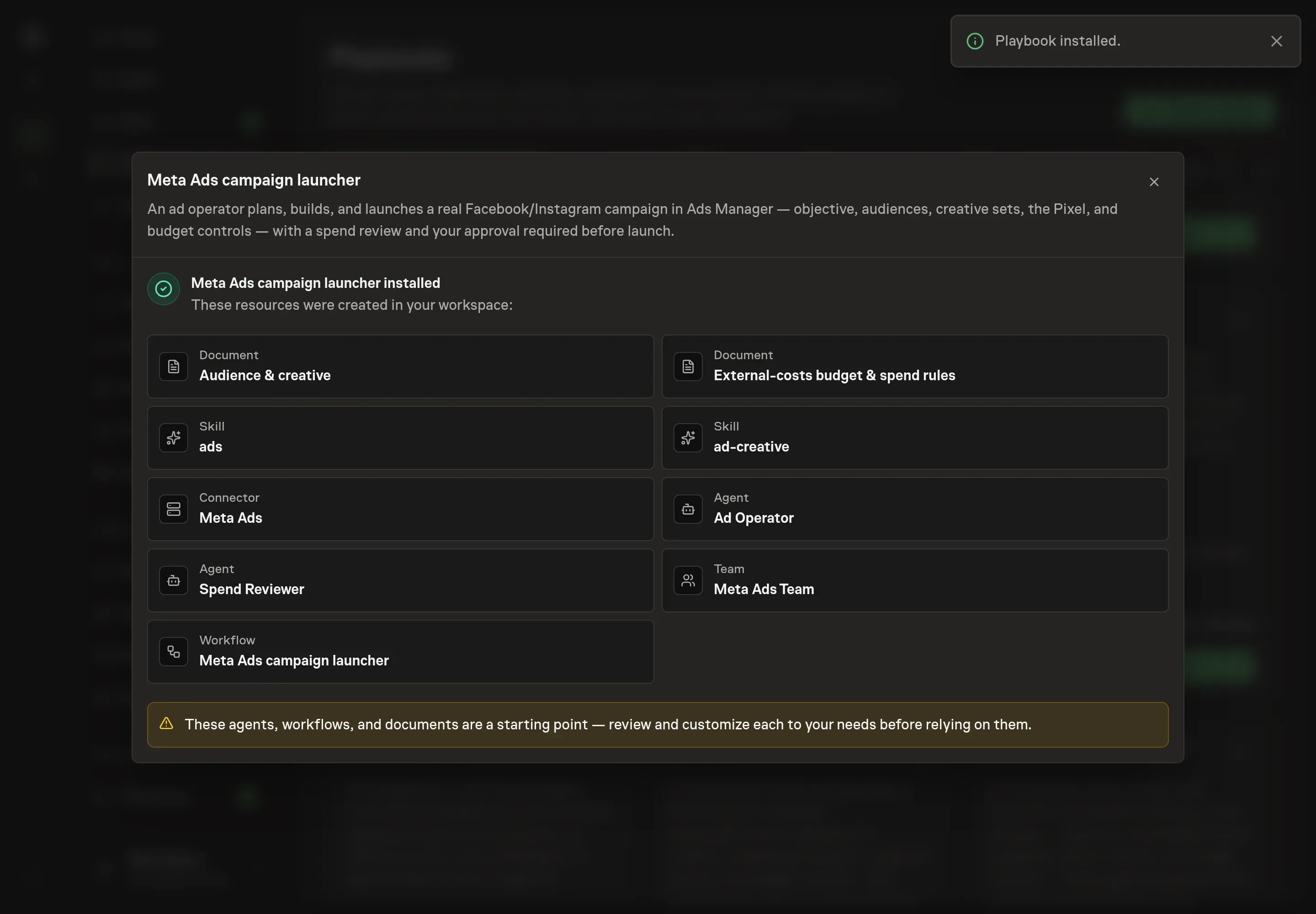 The install confirmation listing the Meta Ads campaign launcher records and follow-ups