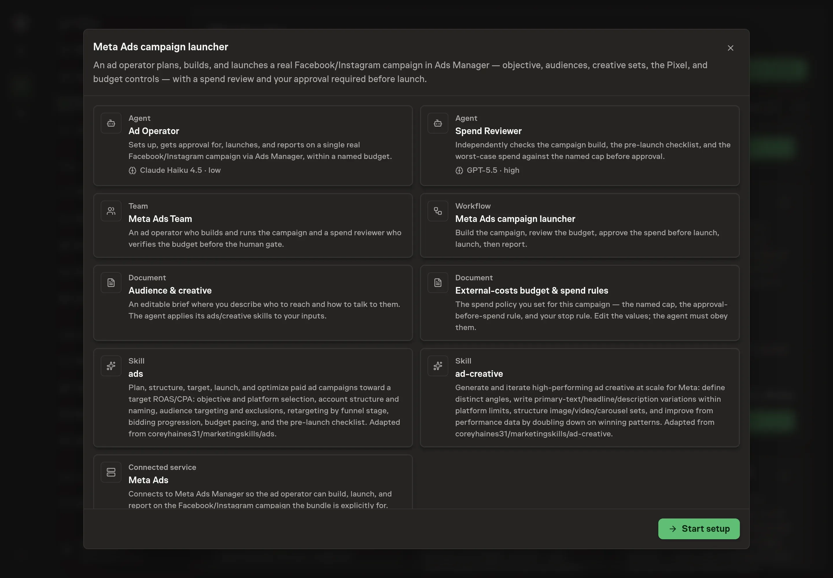 The Meta Ads campaign launcher preview listing the agents, team, workflow, documents, skills, and Meta Ads service, with a Start setup button