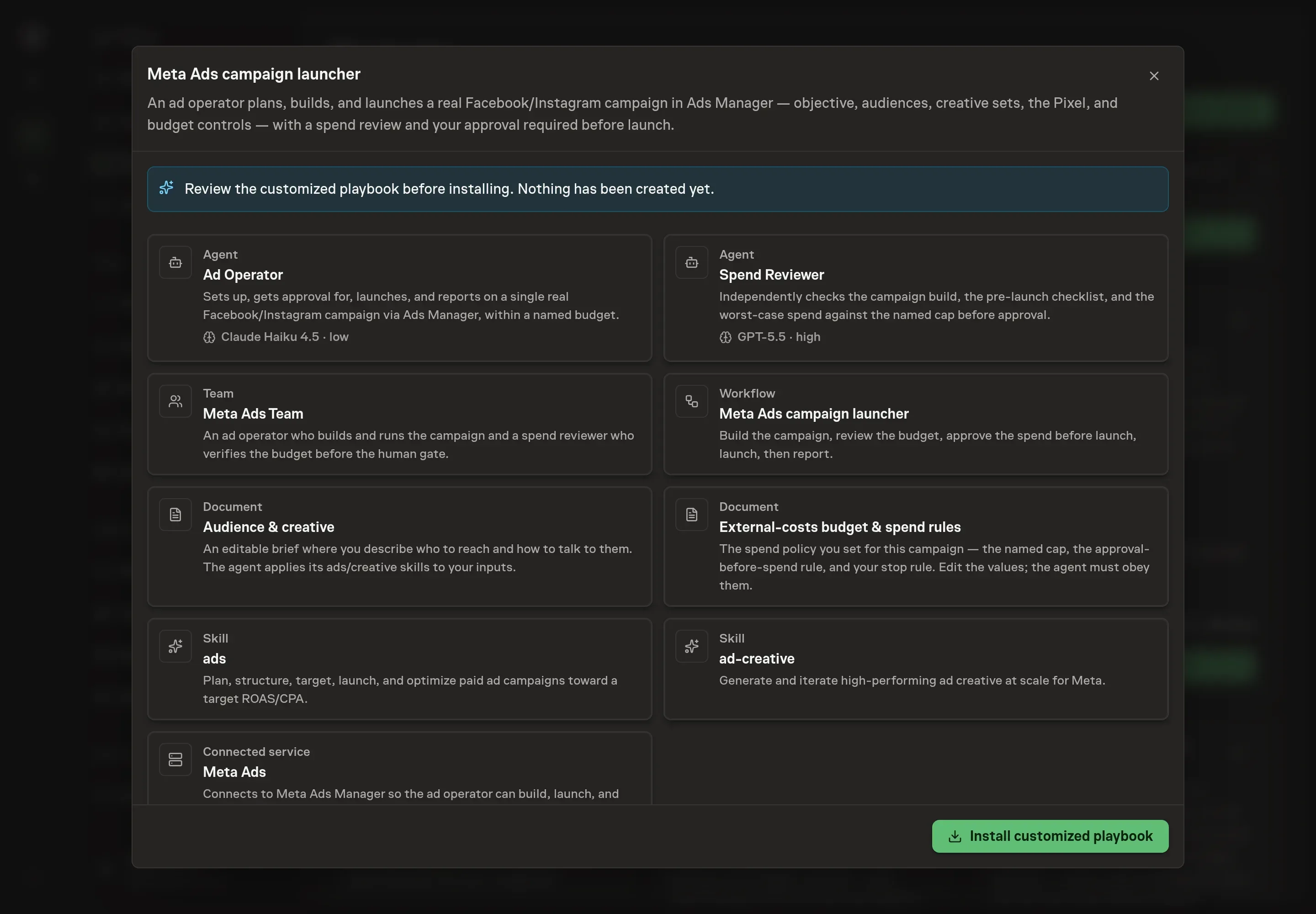 The review step showing the customized Meta Ads agents, workflow, documents, and service before anything is created