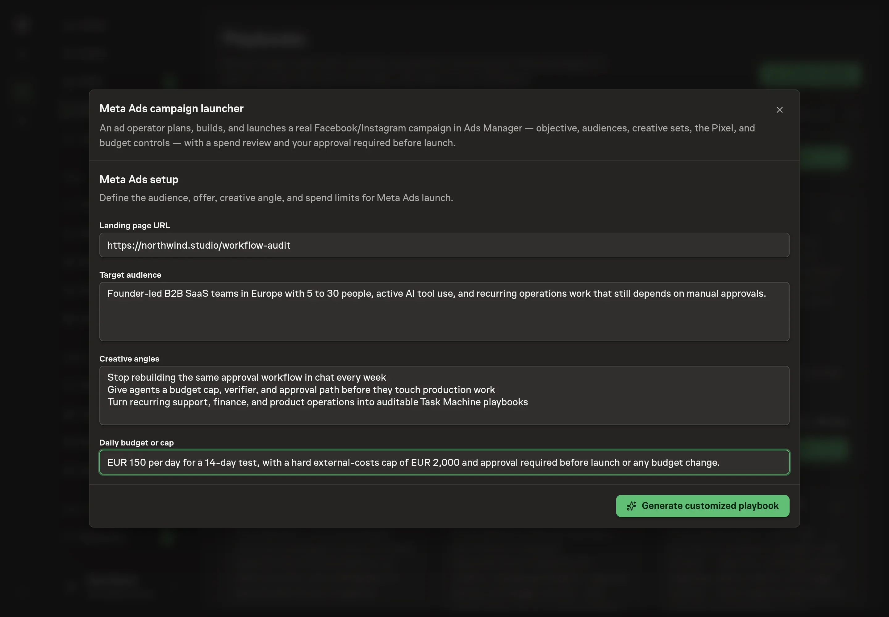 The setup form filled with a Northwind Studio landing page, audience, creative angles, and daily budget cap