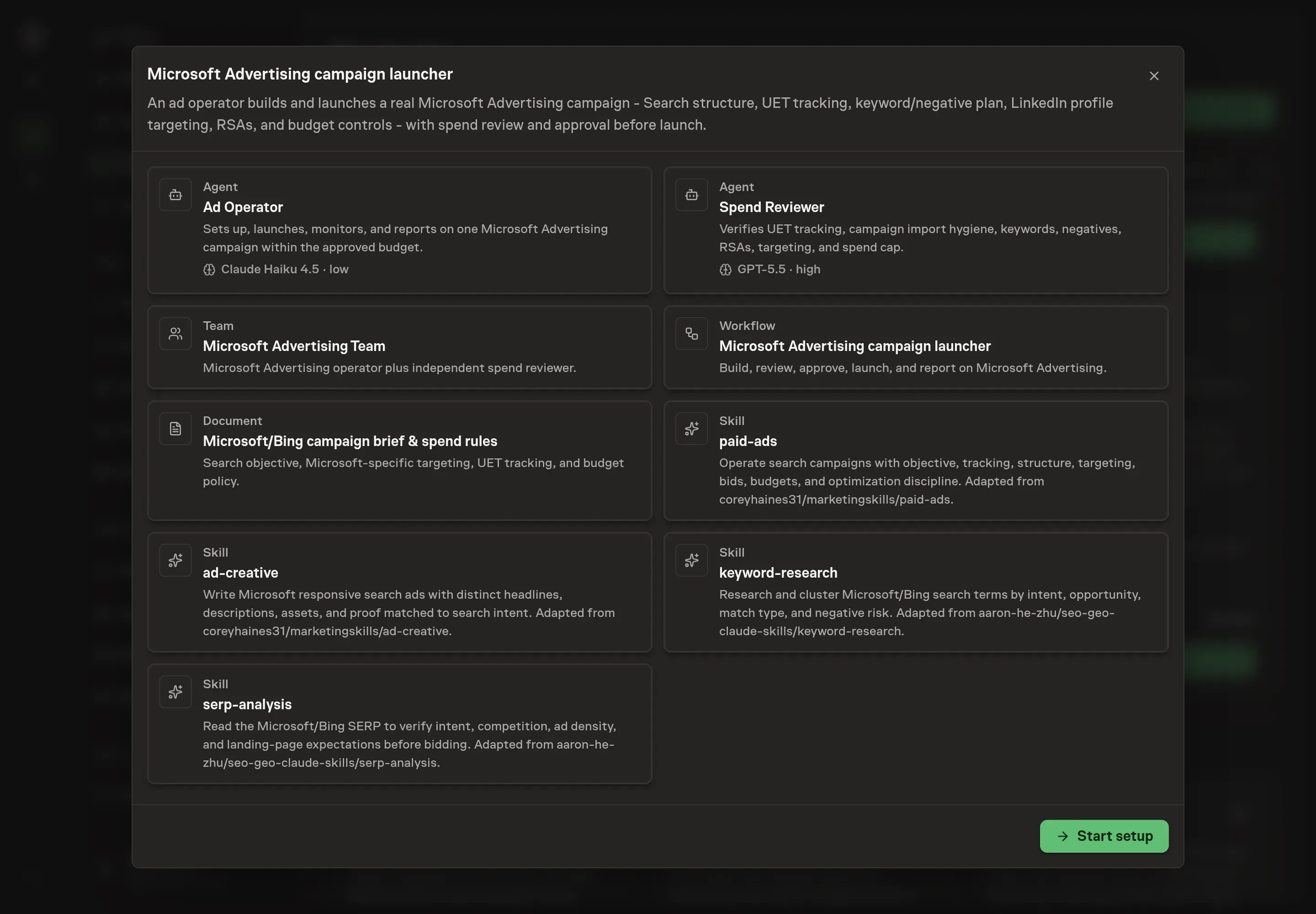 The Microsoft Advertising campaign launcher preview showing the two agents, team, workflow, campaign brief, and paid search skills with a Start setup button