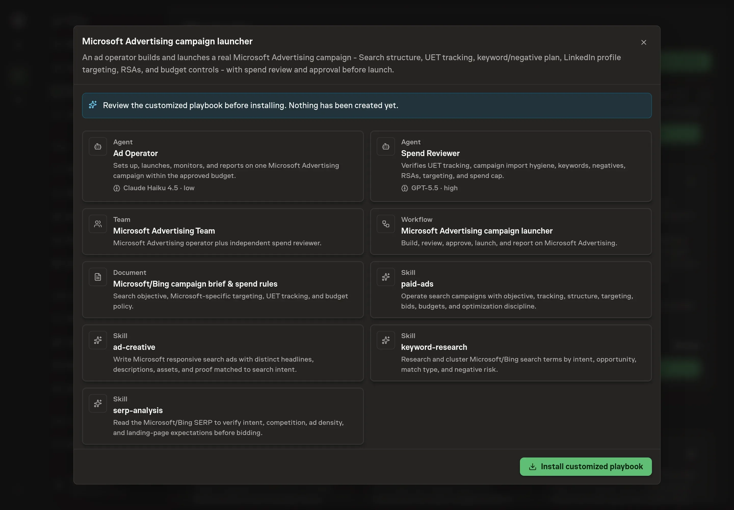 The review step showing the customized Microsoft Advertising campaign launcher records before installation
