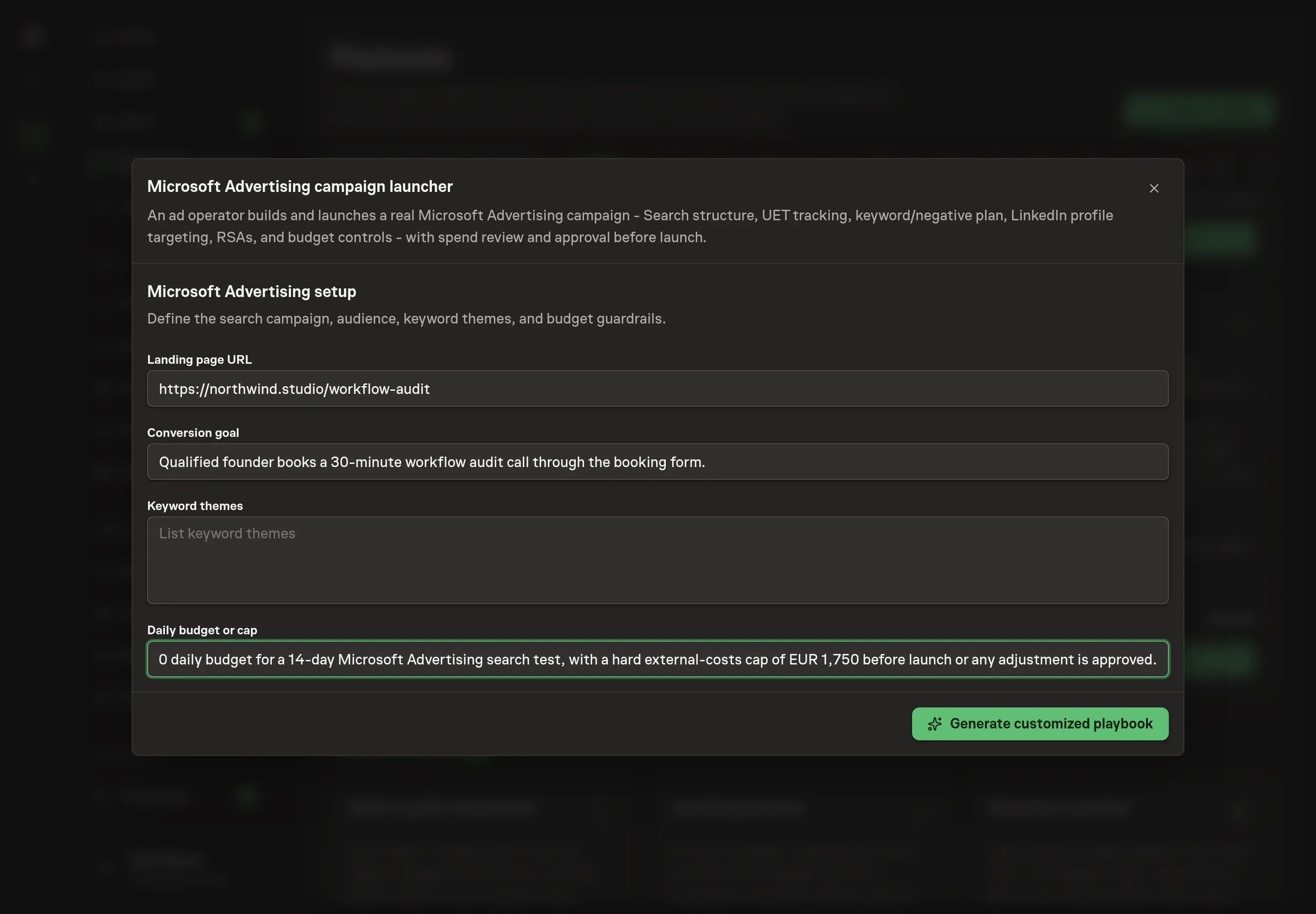 The setup form filled in with a Northwind Studio landing page, consultation booking conversion goal, keyword themes, and a EUR daily budget cap