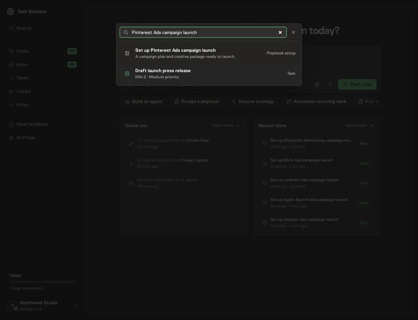 The command center offering Set up Pinterest Ads campaign launch