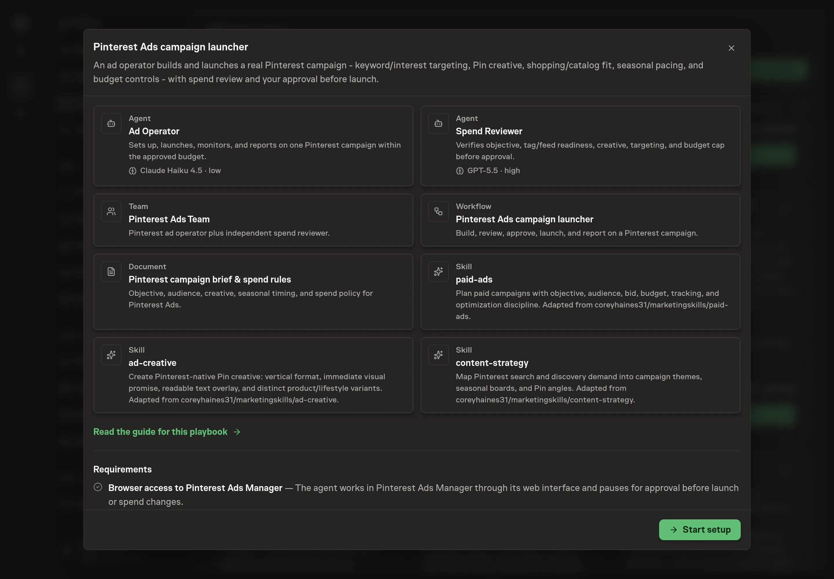 The Pinterest Ads campaign launcher preview listing the ad agents, team, workflow, campaign brief, and skills, with a Start setup button