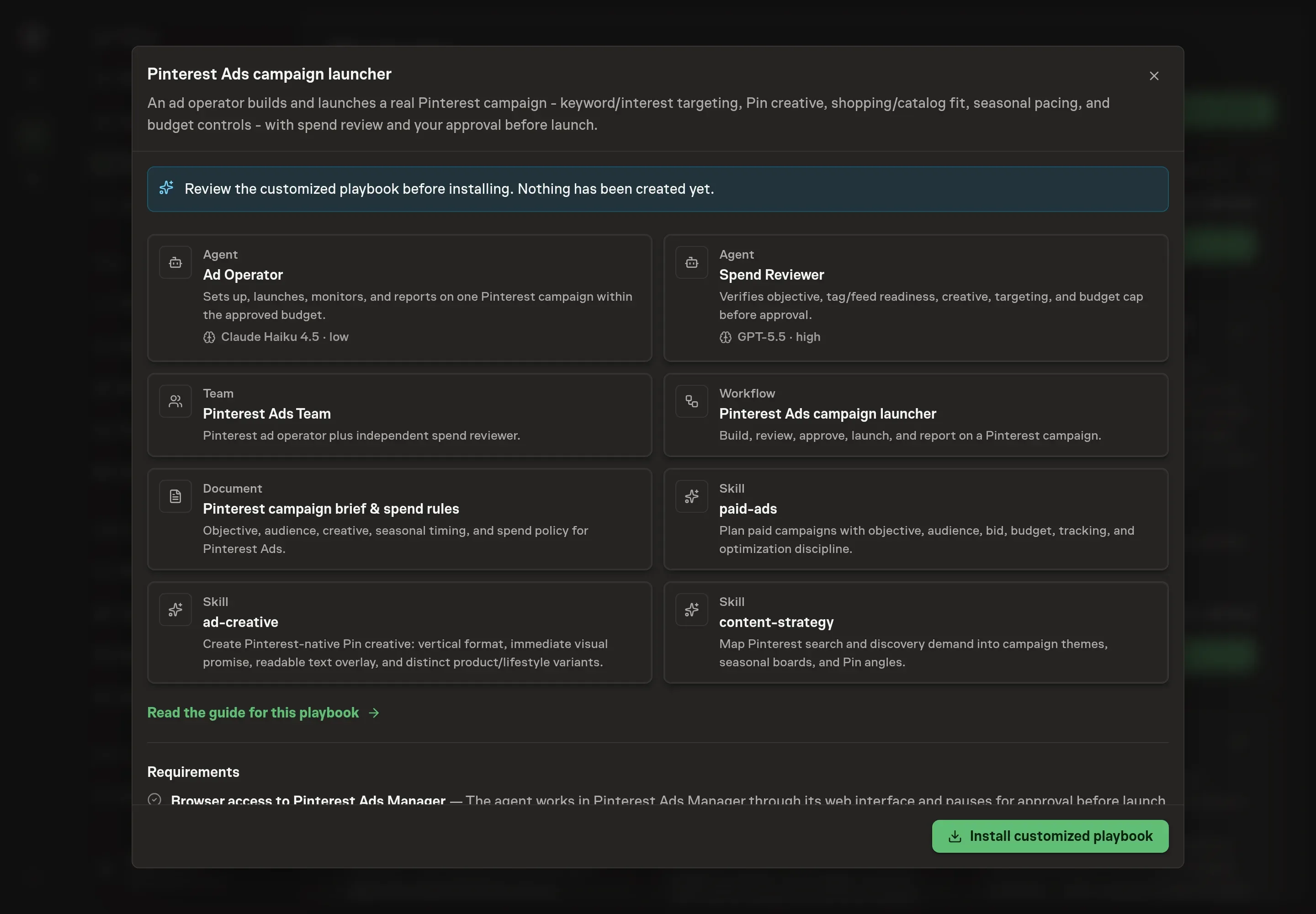 The review step showing the customized Pinterest ad agents, campaign brief, spend rules, and approval workflow
