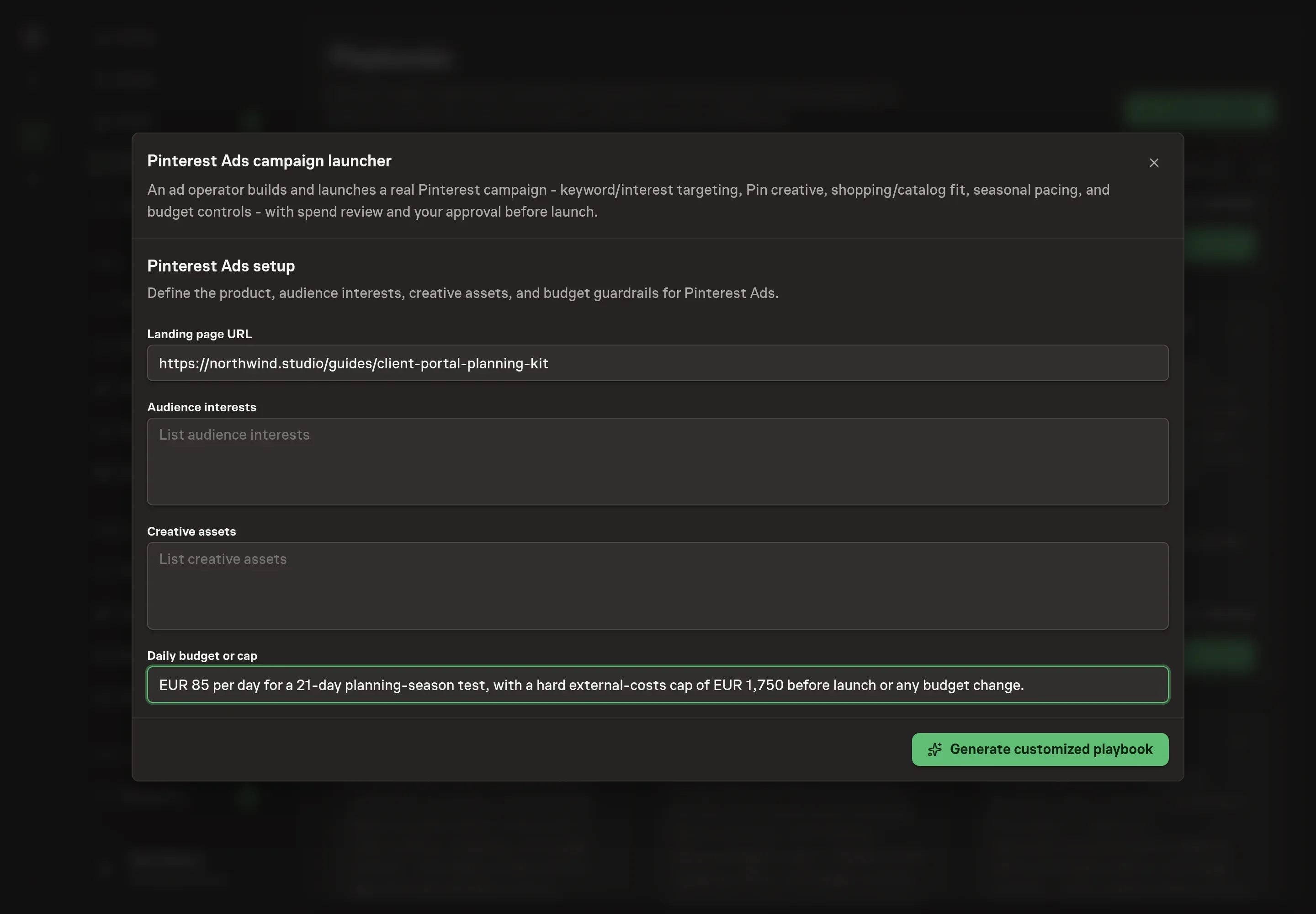 The setup form filled with a Northwind Studio landing page, audience interests, creative assets, and daily budget cap