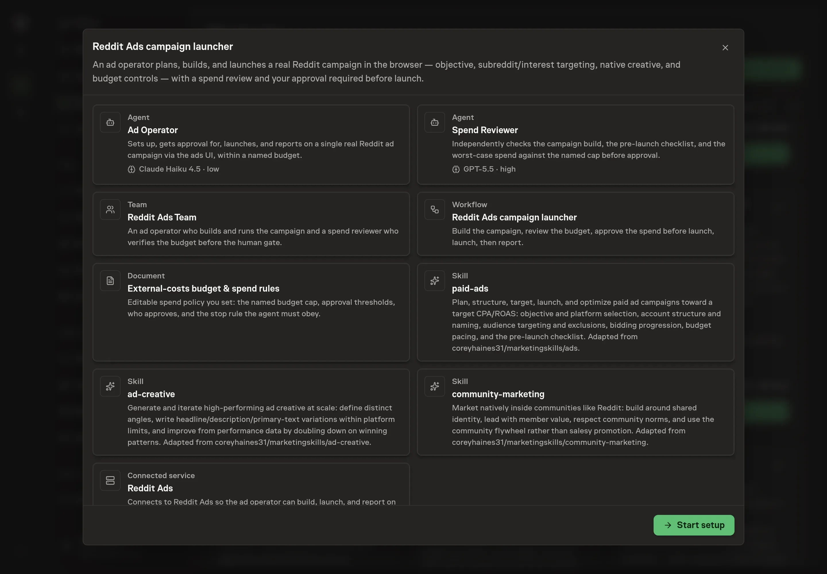 The Reddit Ads campaign launcher preview listing the agents, team, workflow, budget document, connected service, skills, and Start setup button