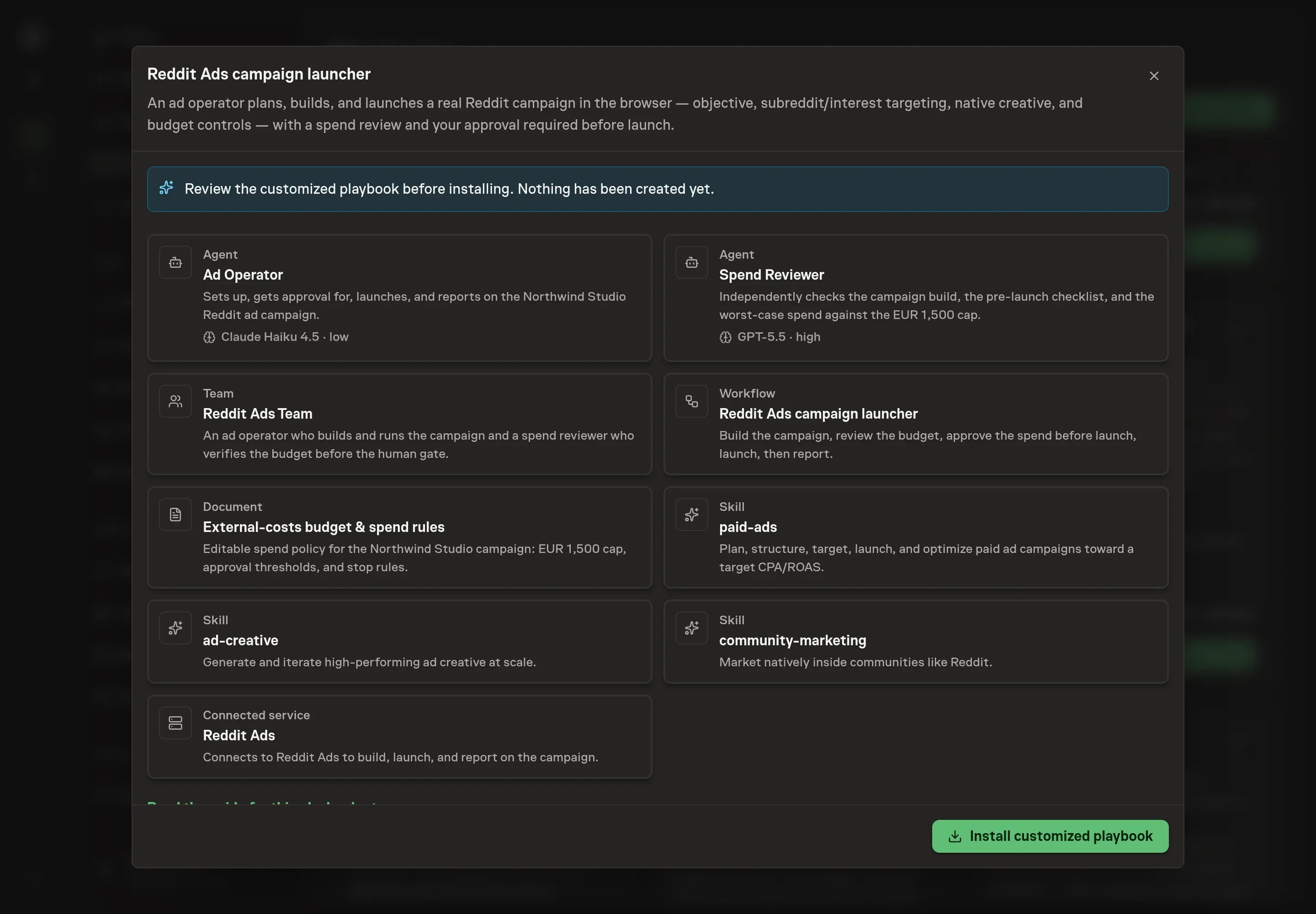The review step showing the customized Reddit Ads workflow, ad operator, spend reviewer, budget document, and Reddit Ads connected service before creation