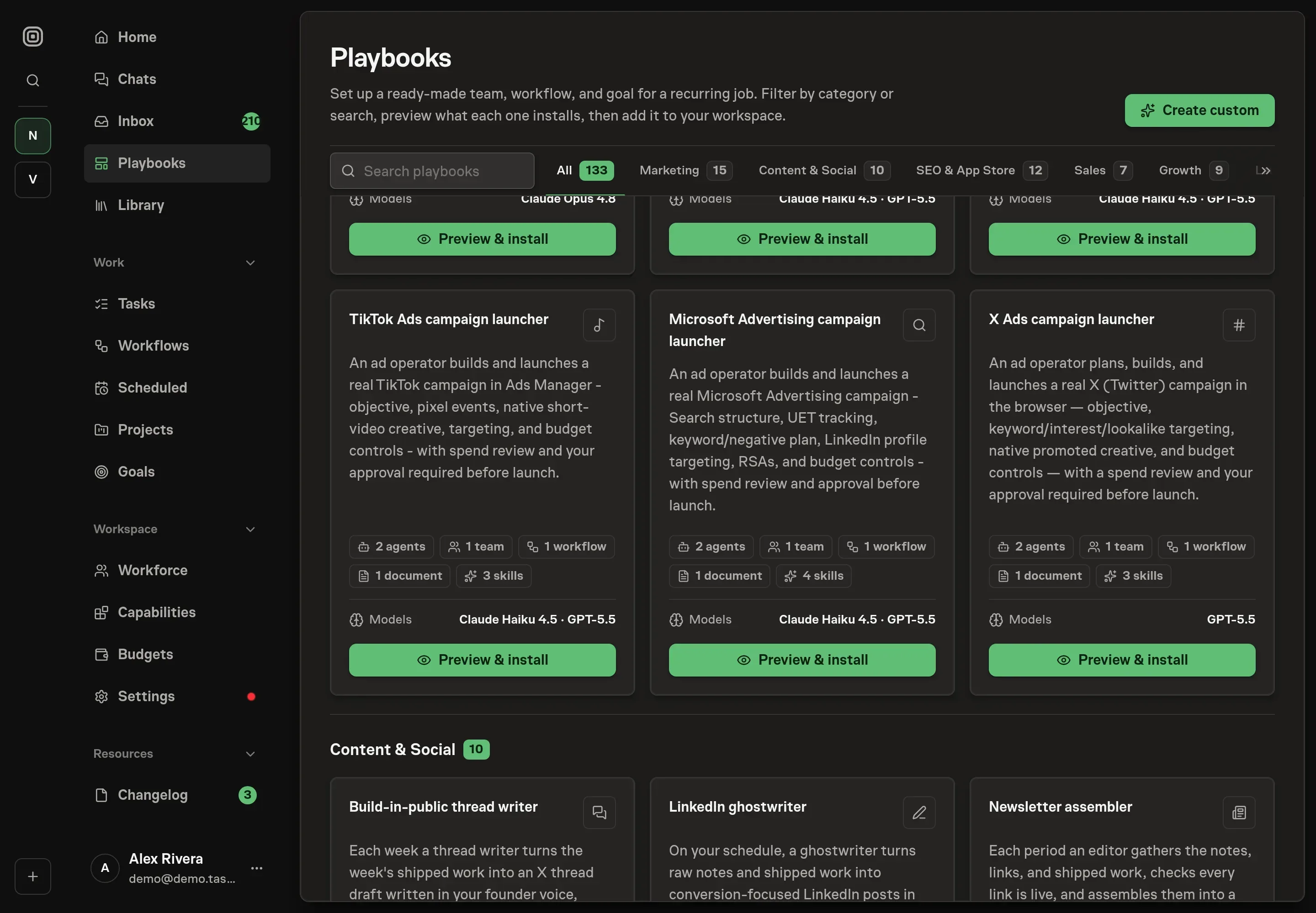The playbook gallery with the X Ads campaign launcher card in the Marketing category, listing the ad operator, spend reviewer, team, workflow, budget document, and skills