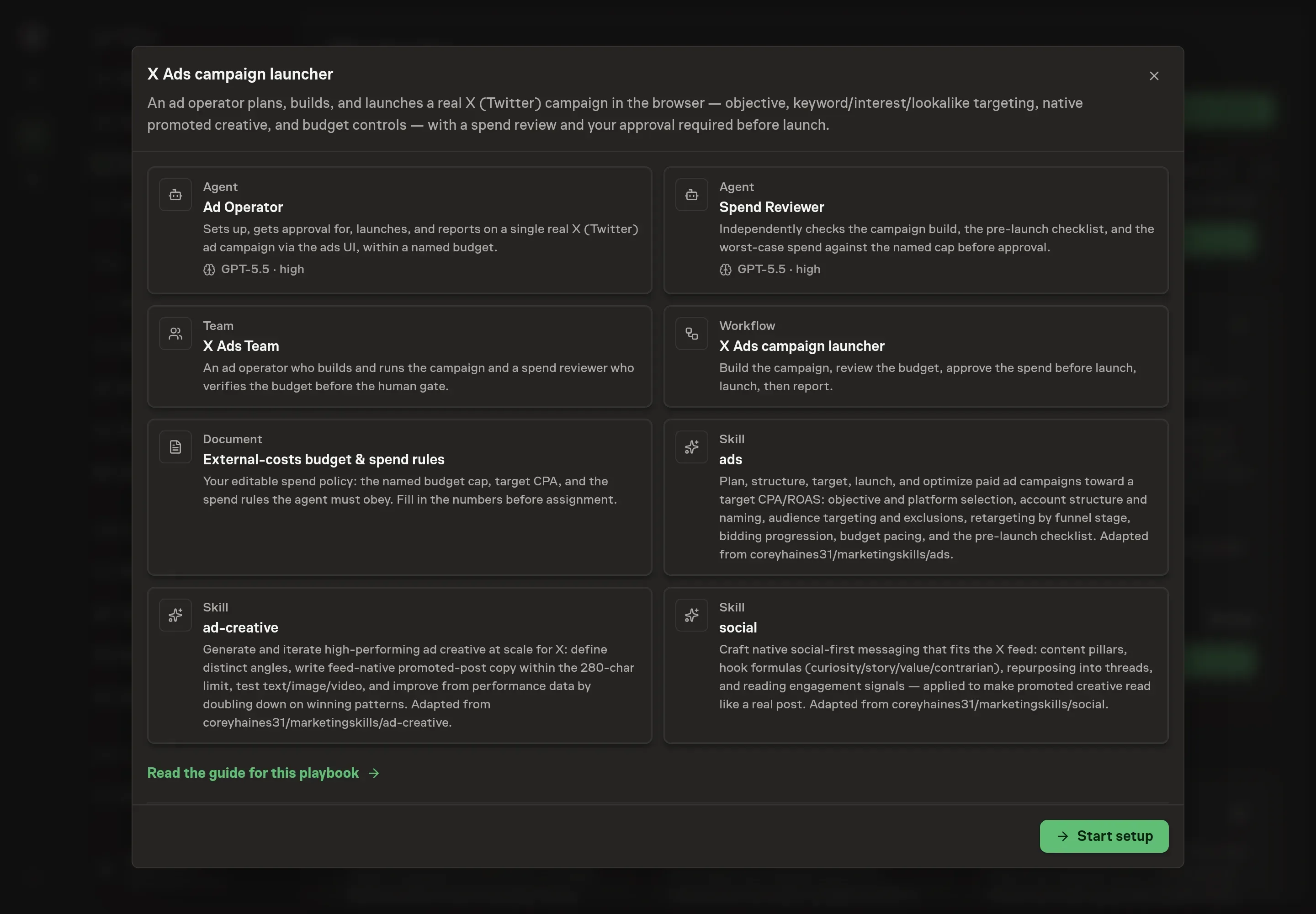 The X Ads campaign launcher preview showing the two agents, team, workflow, budget document, and skills with a Start setup button
