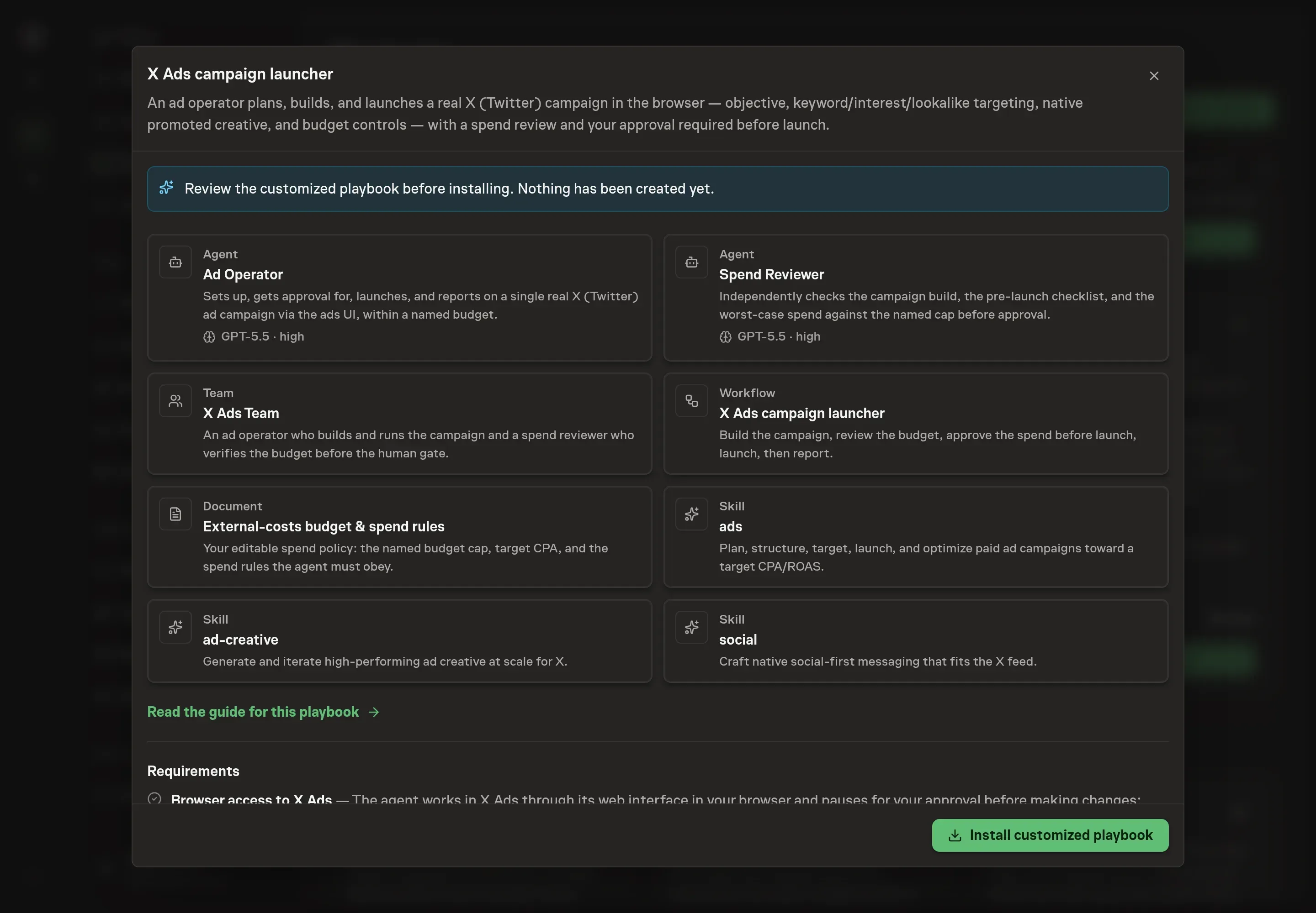 The review step showing the customized X Ads campaign launcher records before installation