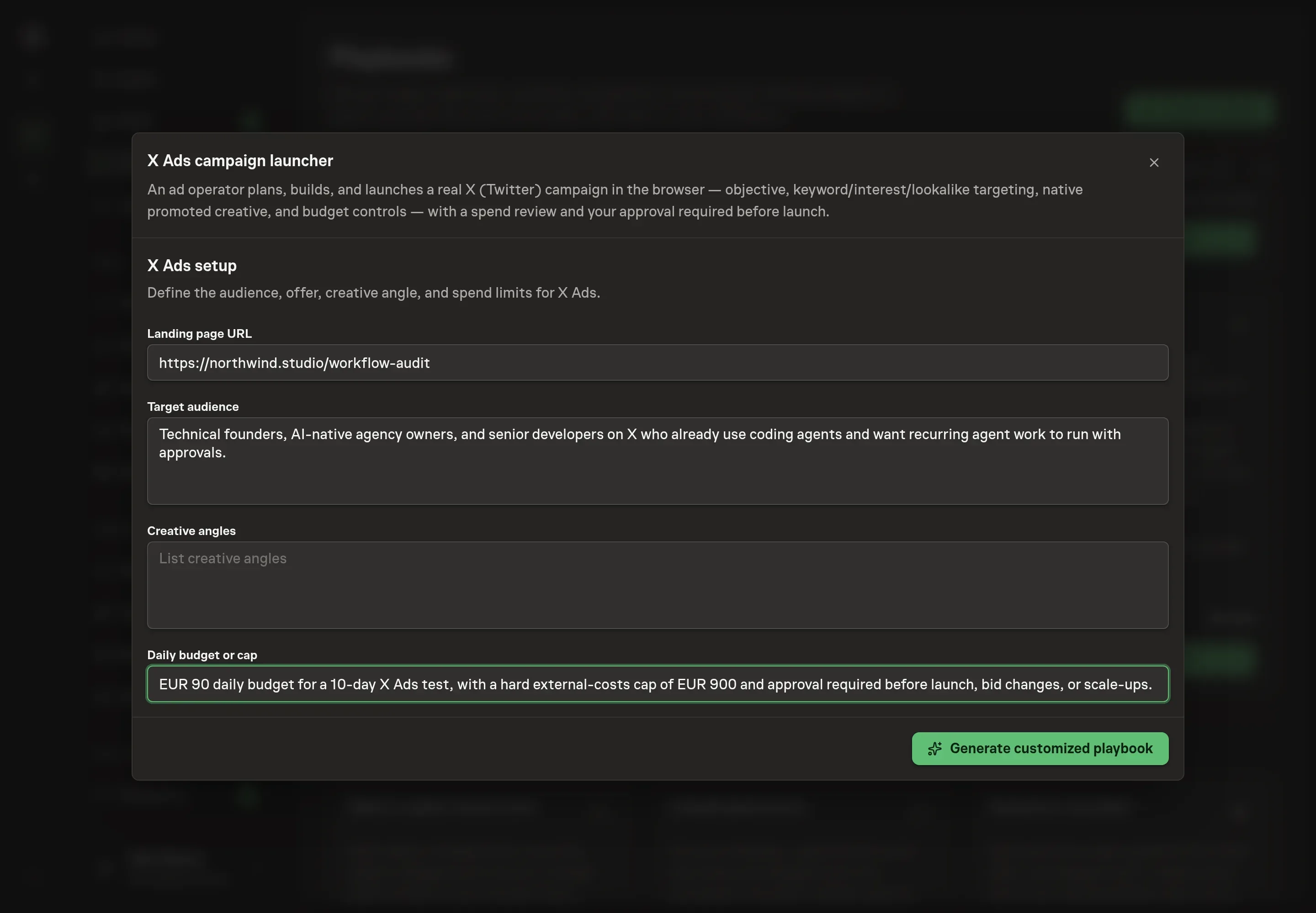 The setup form filled in with a Northwind Studio landing page, technical founder audience, three creative angles, and a bounded EUR test budget