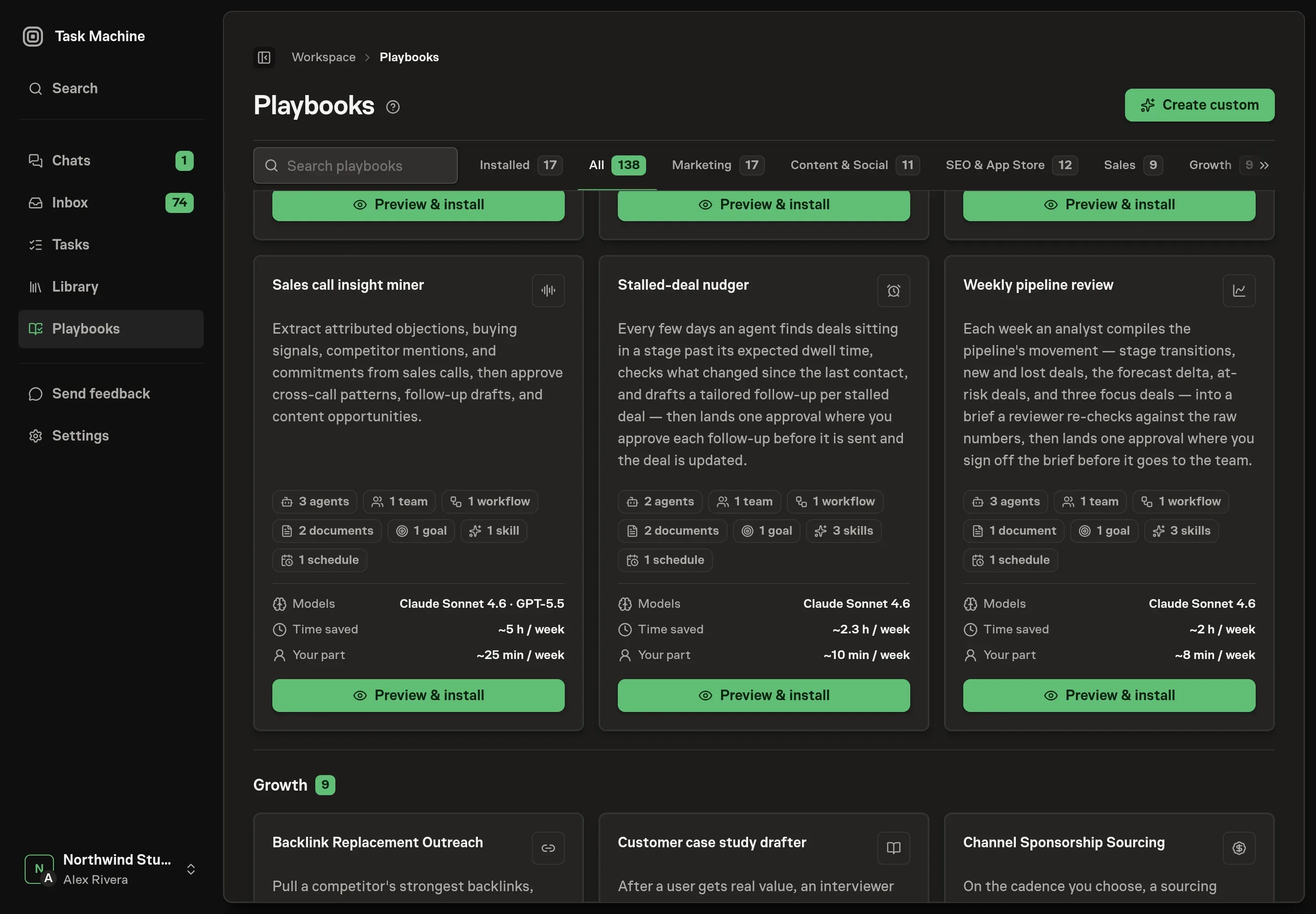 The playbook gallery with the Sales call insight miner card showing its agents, team, workflow, documents, skill, goal, and schedule