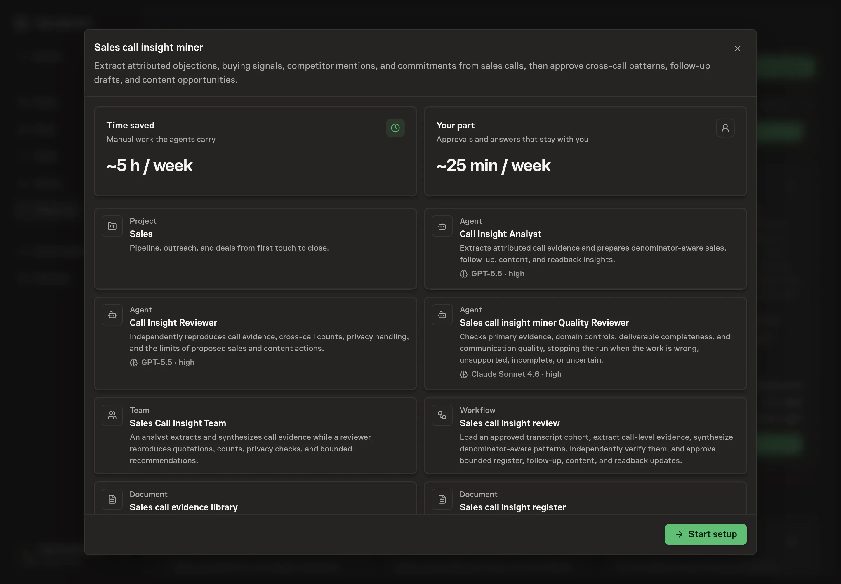 The Sales call insight miner preview showing its analyst, reviewer, quality reviewer, team, workflow, evidence library, and insight register before setup