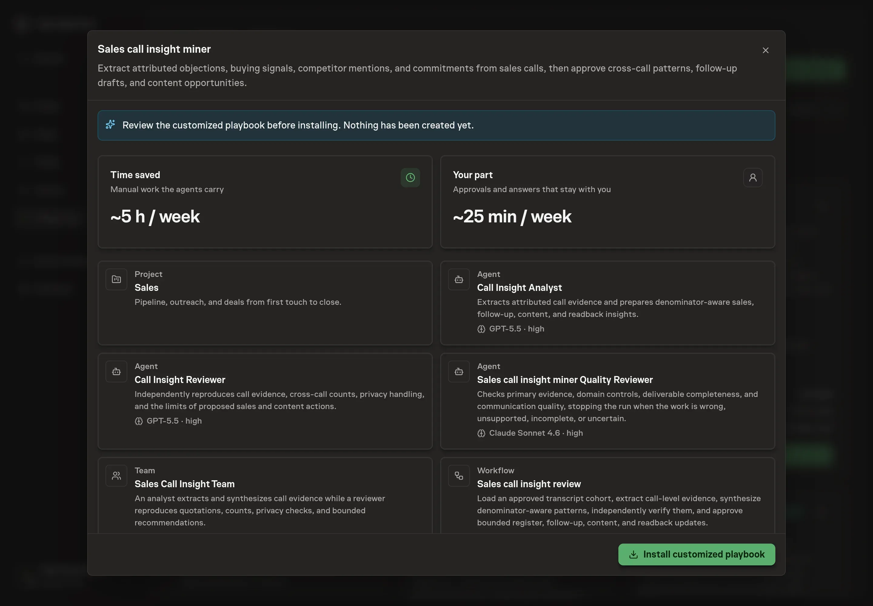 The review step showing the customized Call Insight Analyst, reviewer, quality reviewer, team, workflow, evidence library, and insight register before installation