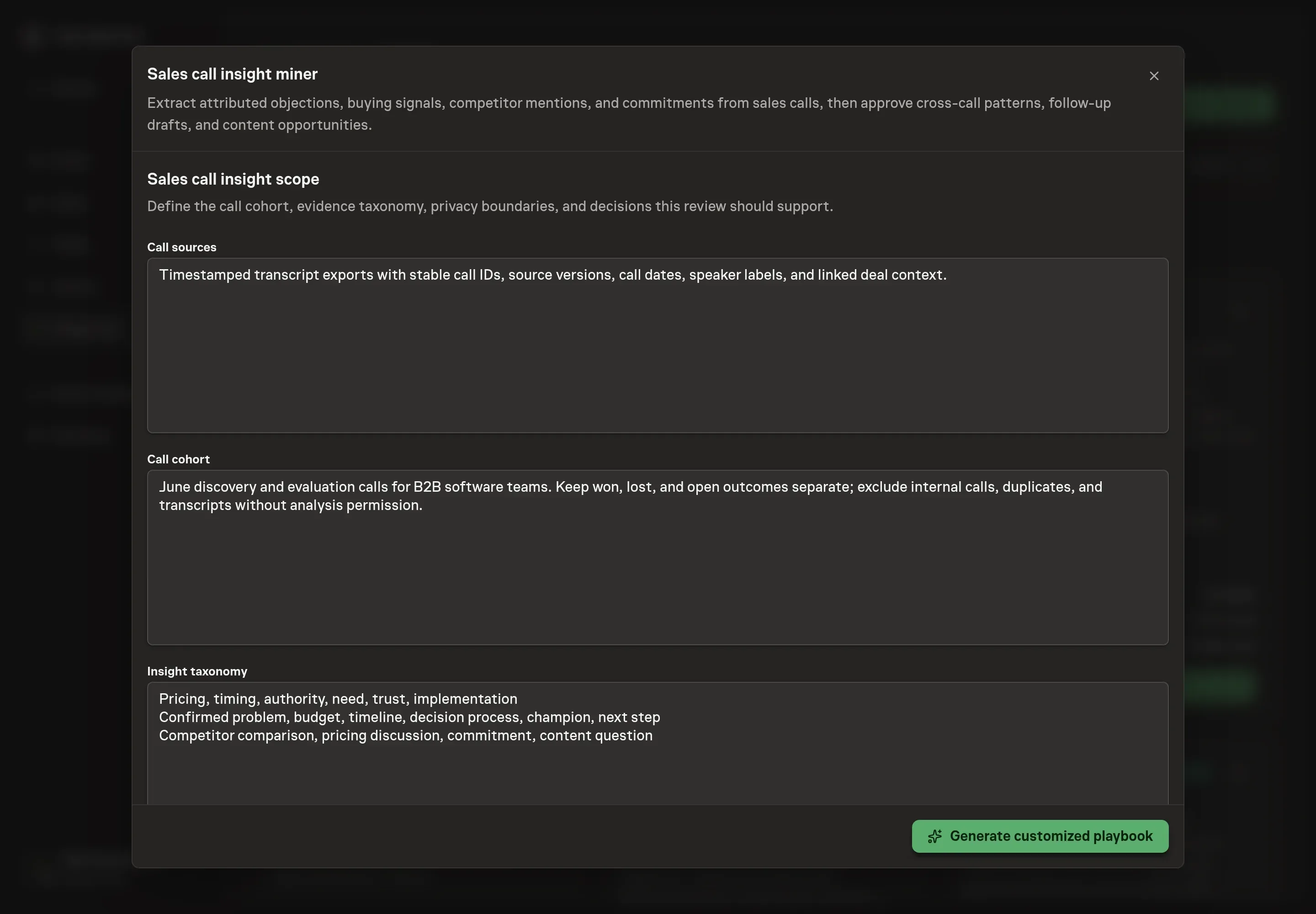 The sales call insight setup form showing transcript sources, a bounded call cohort, and an objection and buying-signal taxonomy filled in