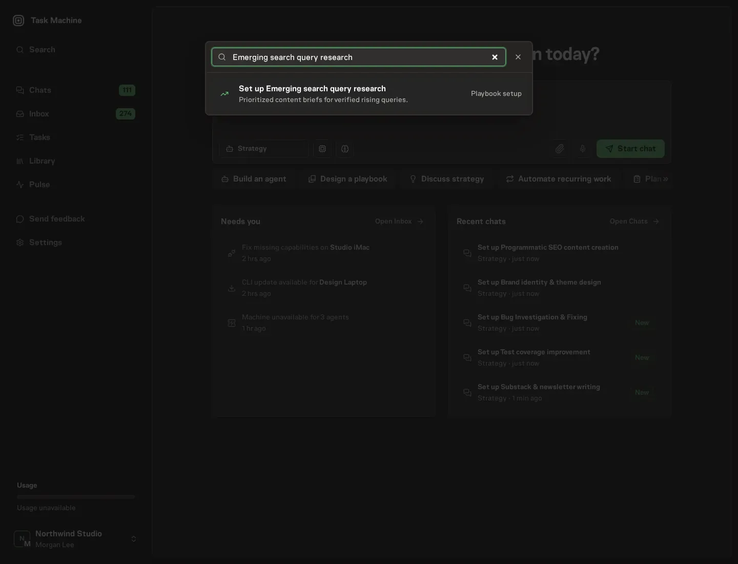 The command center offering Set up Emerging search query research