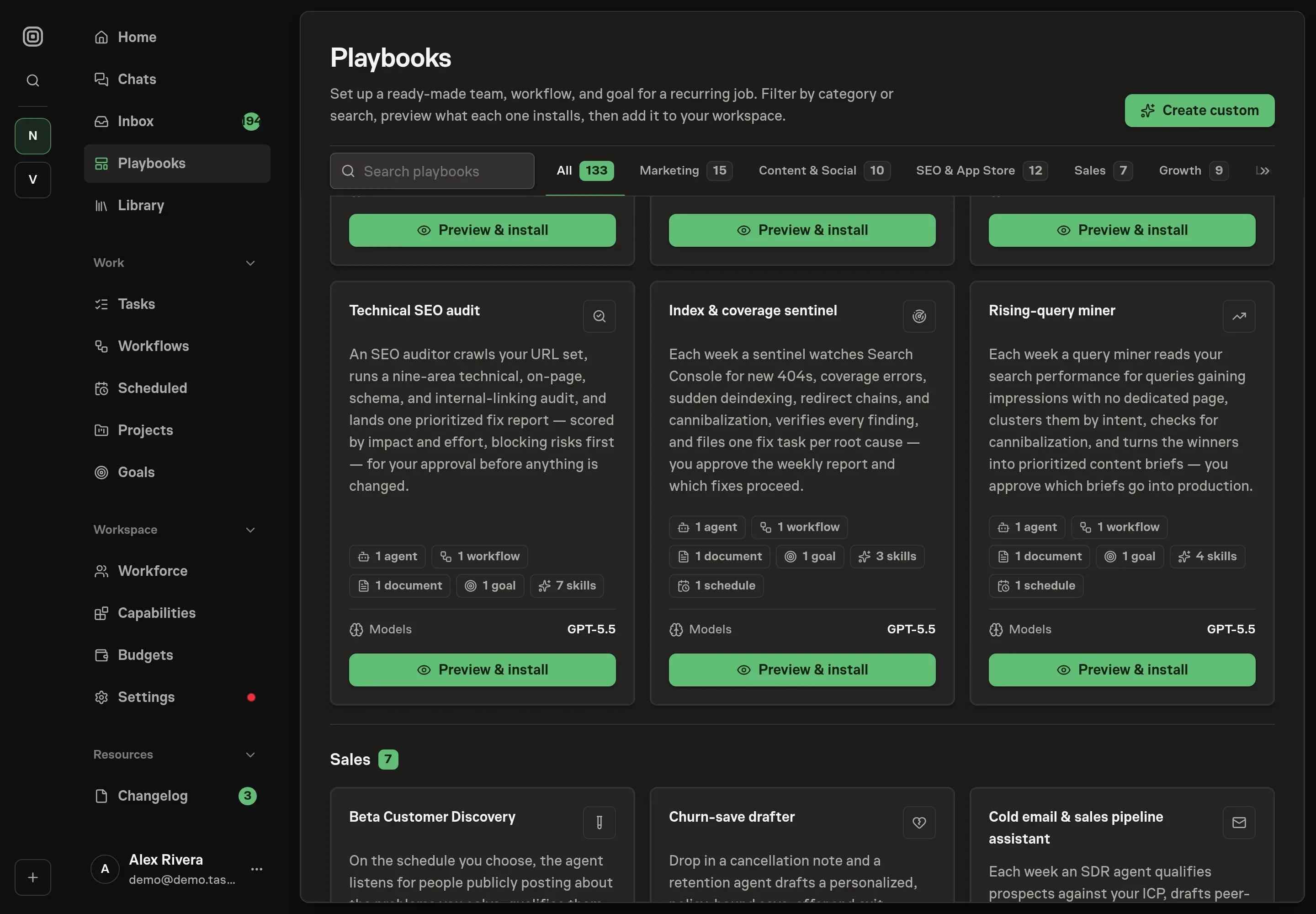 The playbook gallery with the Rising-query miner card in the SEO category, listing the miner, workflow, query-opportunity log, goal, skills, schedule, and SEO data services