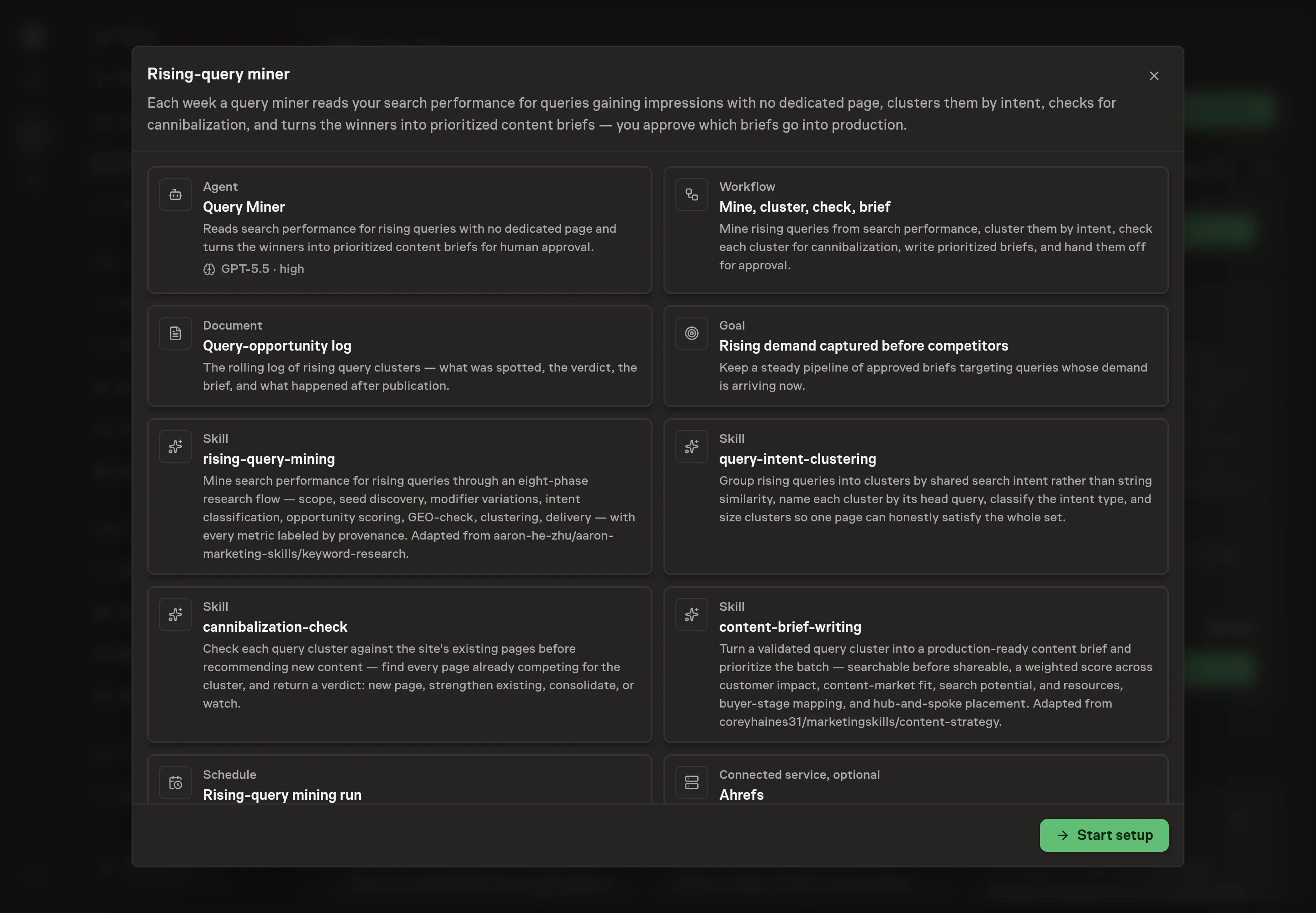The Rising-query miner preview listing the query miner, weekly mining workflow, opportunity log, SEO goal, schedule, Ahrefs, and Semrush, with a Start setup button