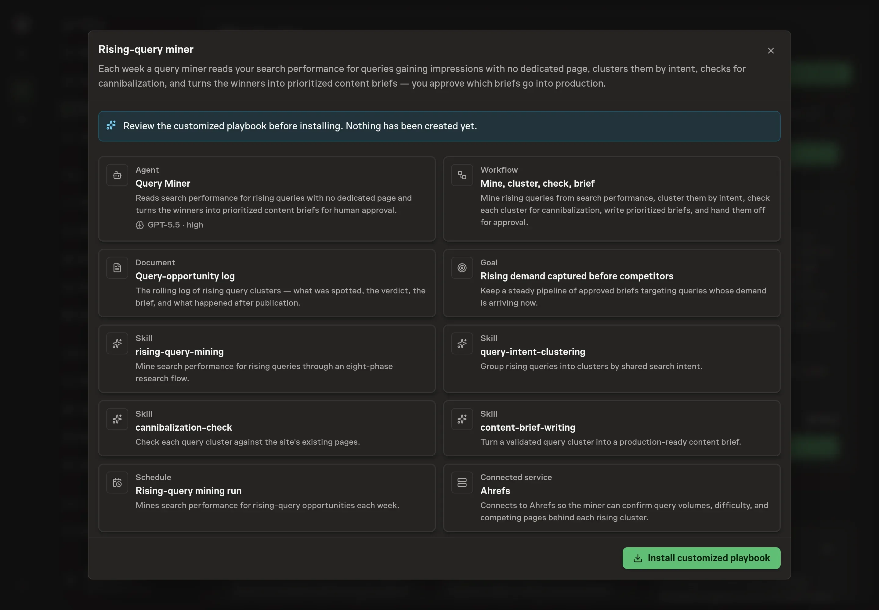 The review step showing the customized query miner, mining workflow, opportunity log, SEO goal, weekly schedule, and selected Ahrefs service before installation