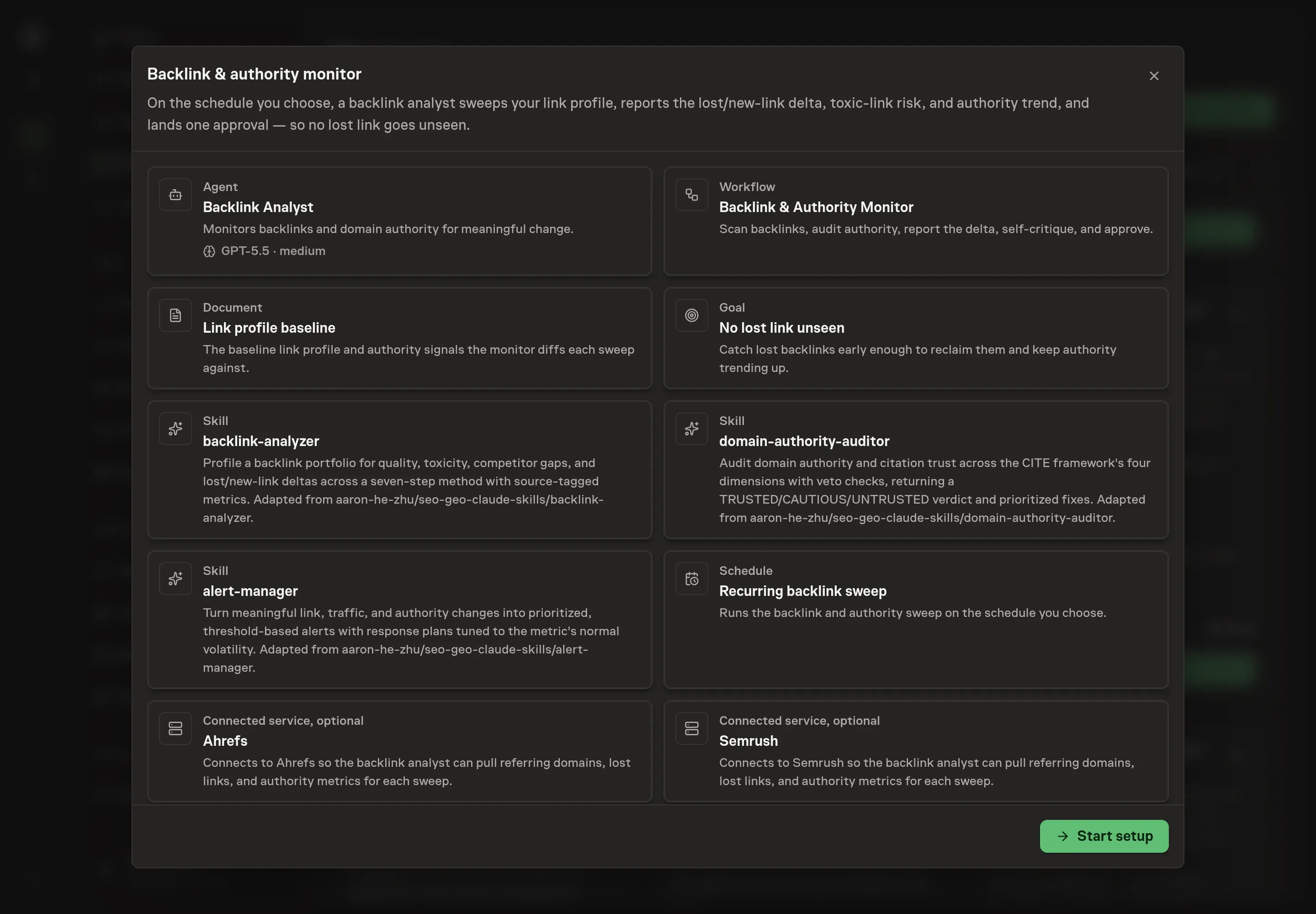 The Backlink & authority monitor preview listing the agent, workflow, baseline document, goal, all three skills, the recurring schedule, and Ahrefs and Semrush as optional data sources, with a Start setup button