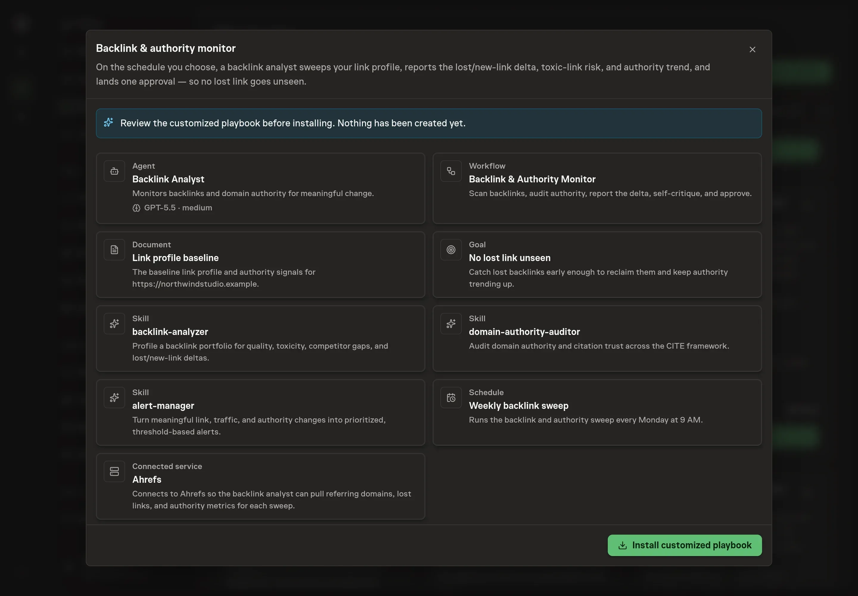 The review step showing the customized agent, workflow, baseline document, goal, skills, and schedule, with Ahrefs as the only connected service and a banner confirming nothing has been created yet