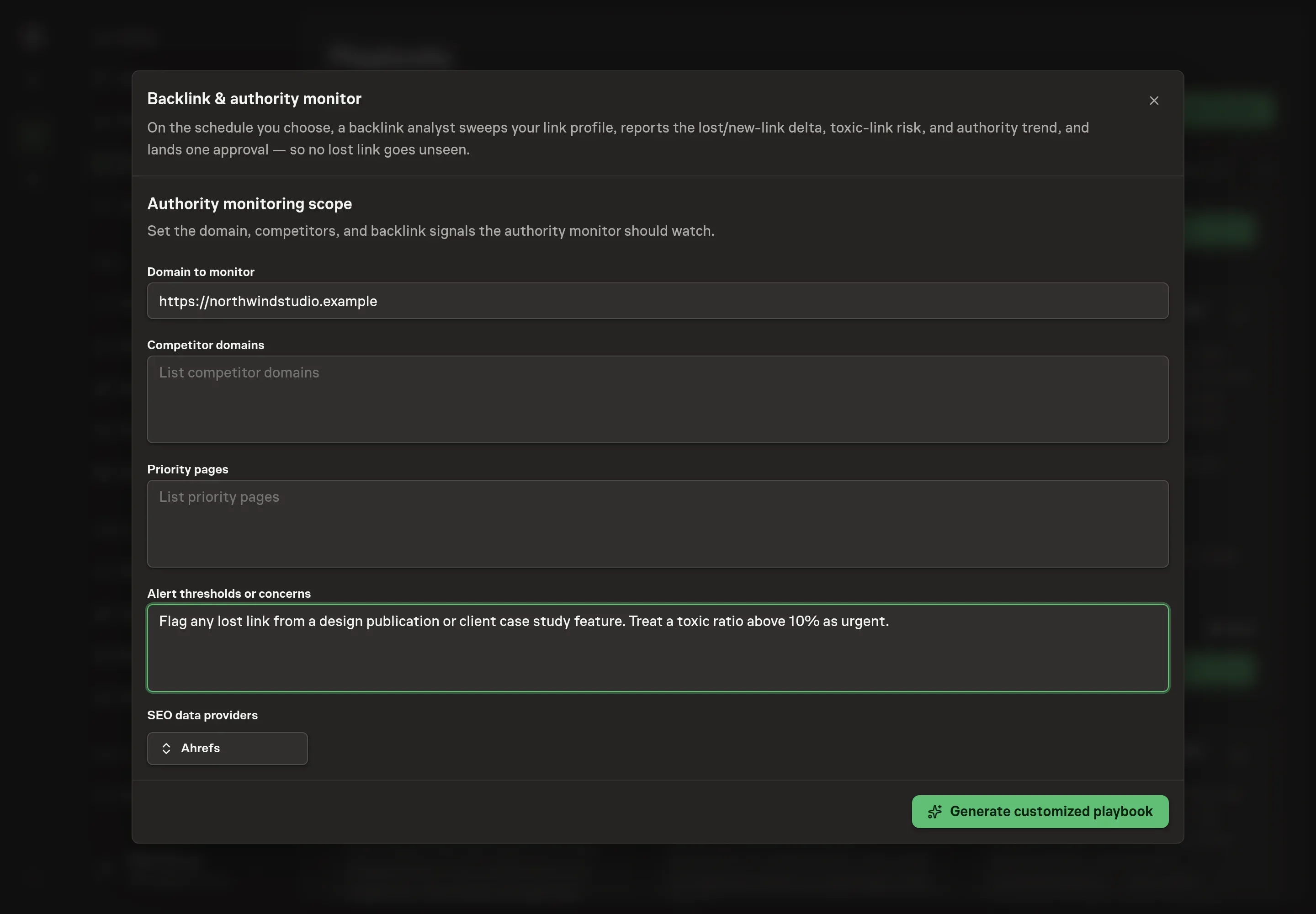 The setup form filled in for a design studio: a monitored domain, two competitor domains, two priority pages, and a note treating lost publication links and a toxic ratio above 10% as urgent