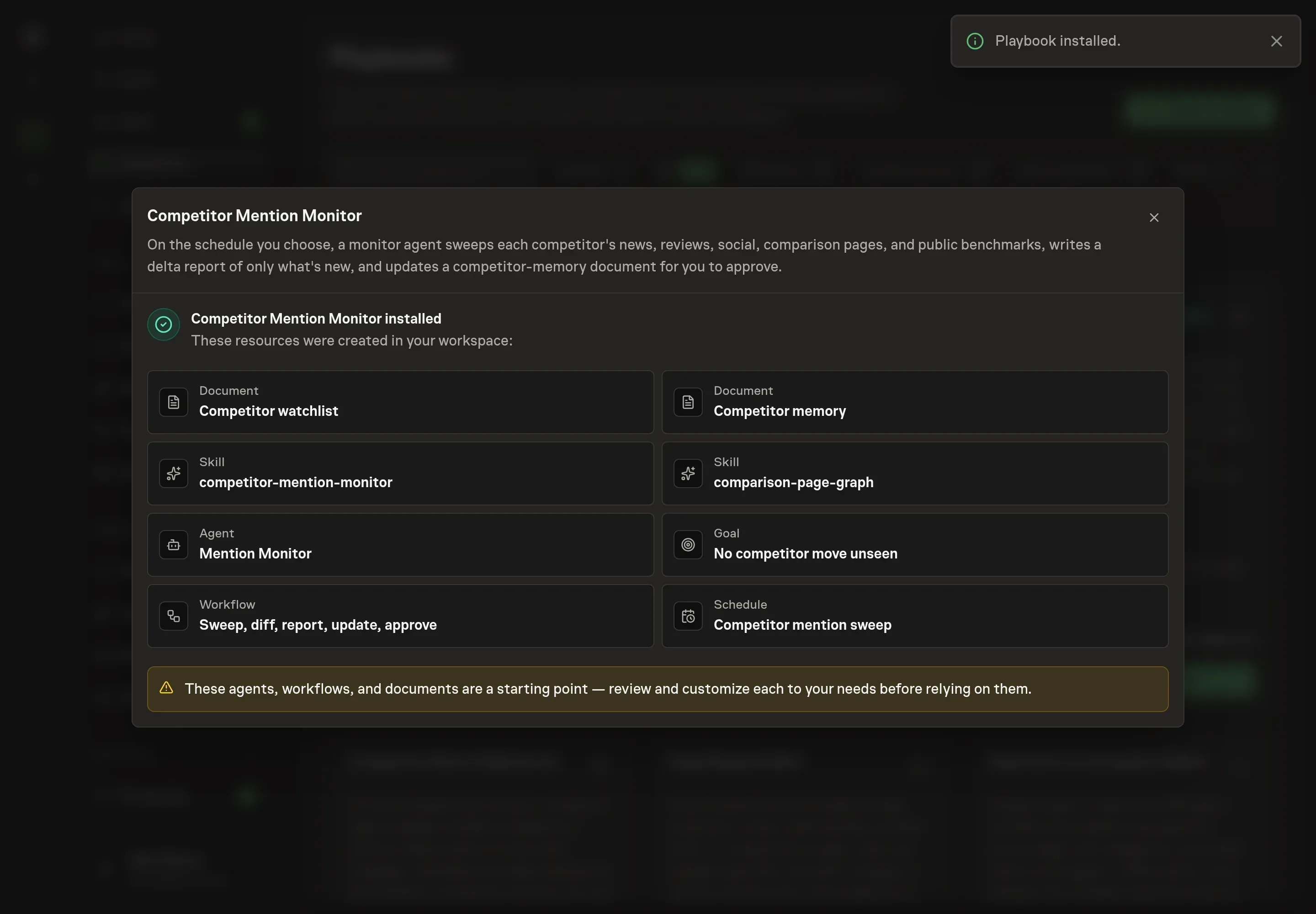 The install confirmation listing the created Mention Monitor agent, workflow, watchlist and memory documents, goal, both skills, and the recurring schedule, with a Playbook installed notice