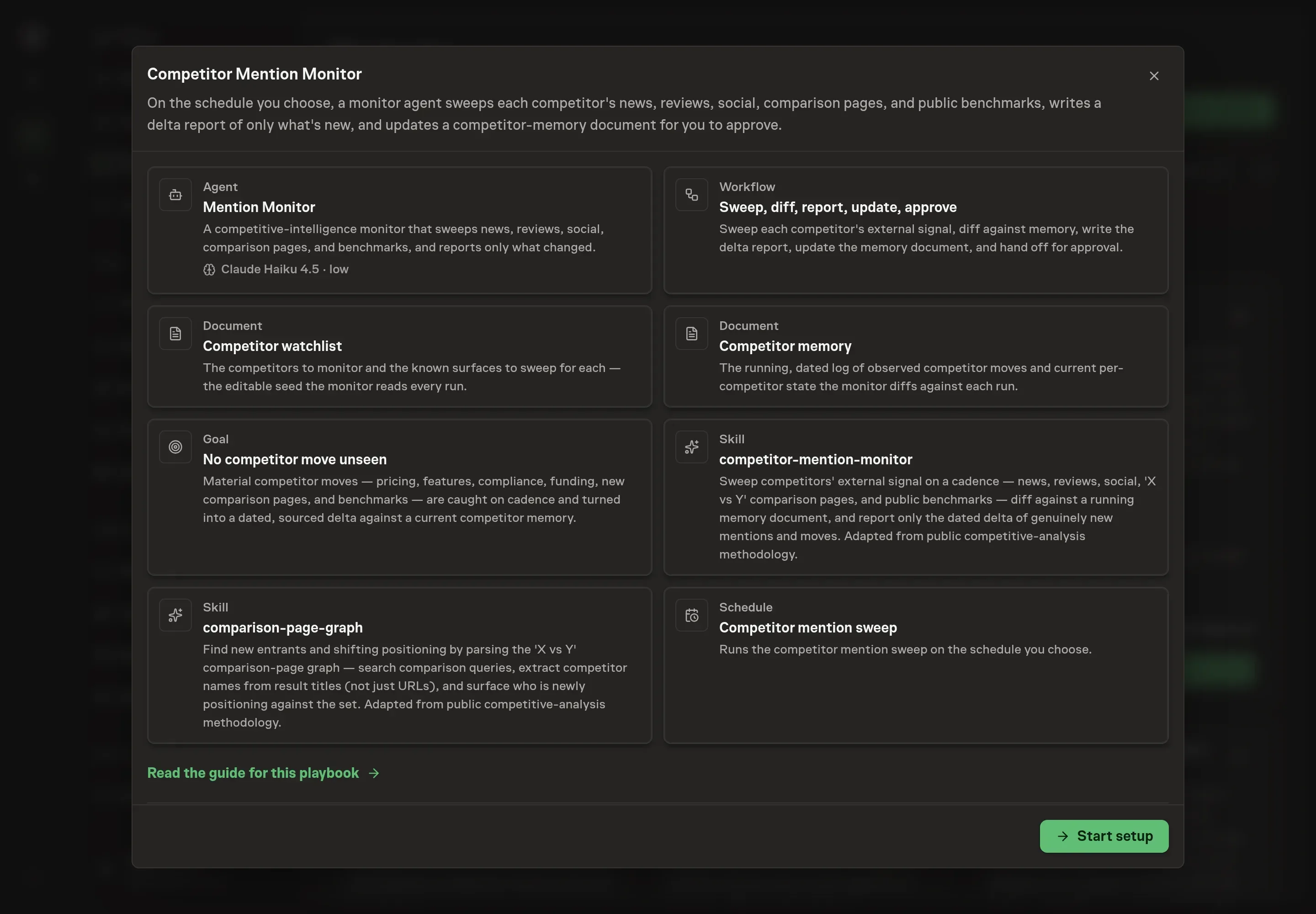 The Competitor Mention Monitor preview listing the Mention Monitor agent, the workflow, the watchlist and memory documents, the goal, both skills, and the schedule, with a Start setup button